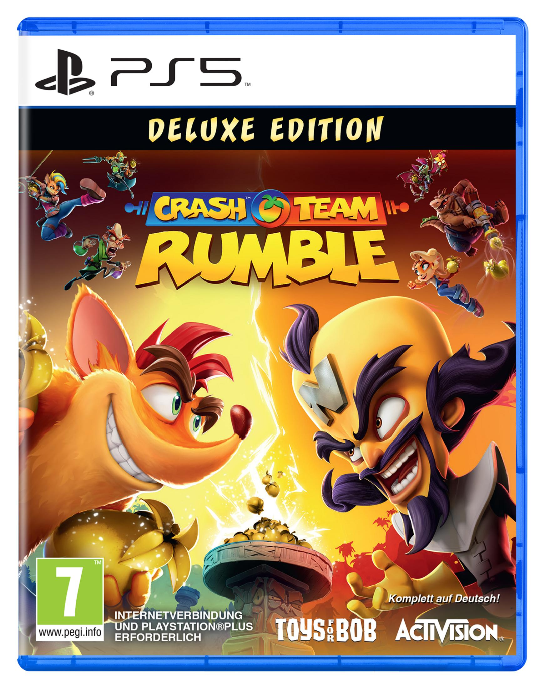 Crash Bandicoot e Dr. Neo Cortex sulla copertina del gioco 'Crash Team Rumble Deluxe Edition'.