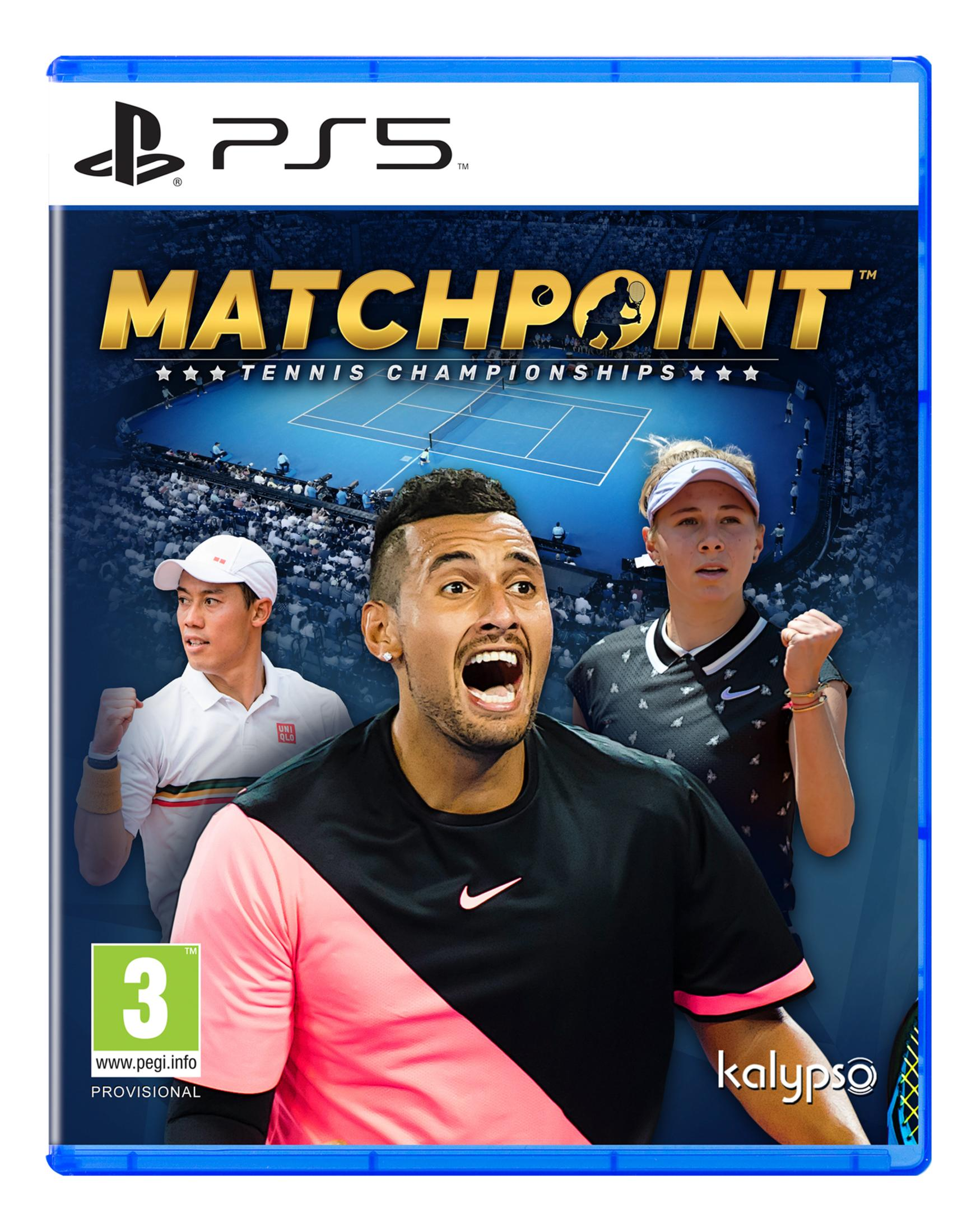 Copertina gioco PS5 Matchpoint: Tennis Championships con tre giocatori.