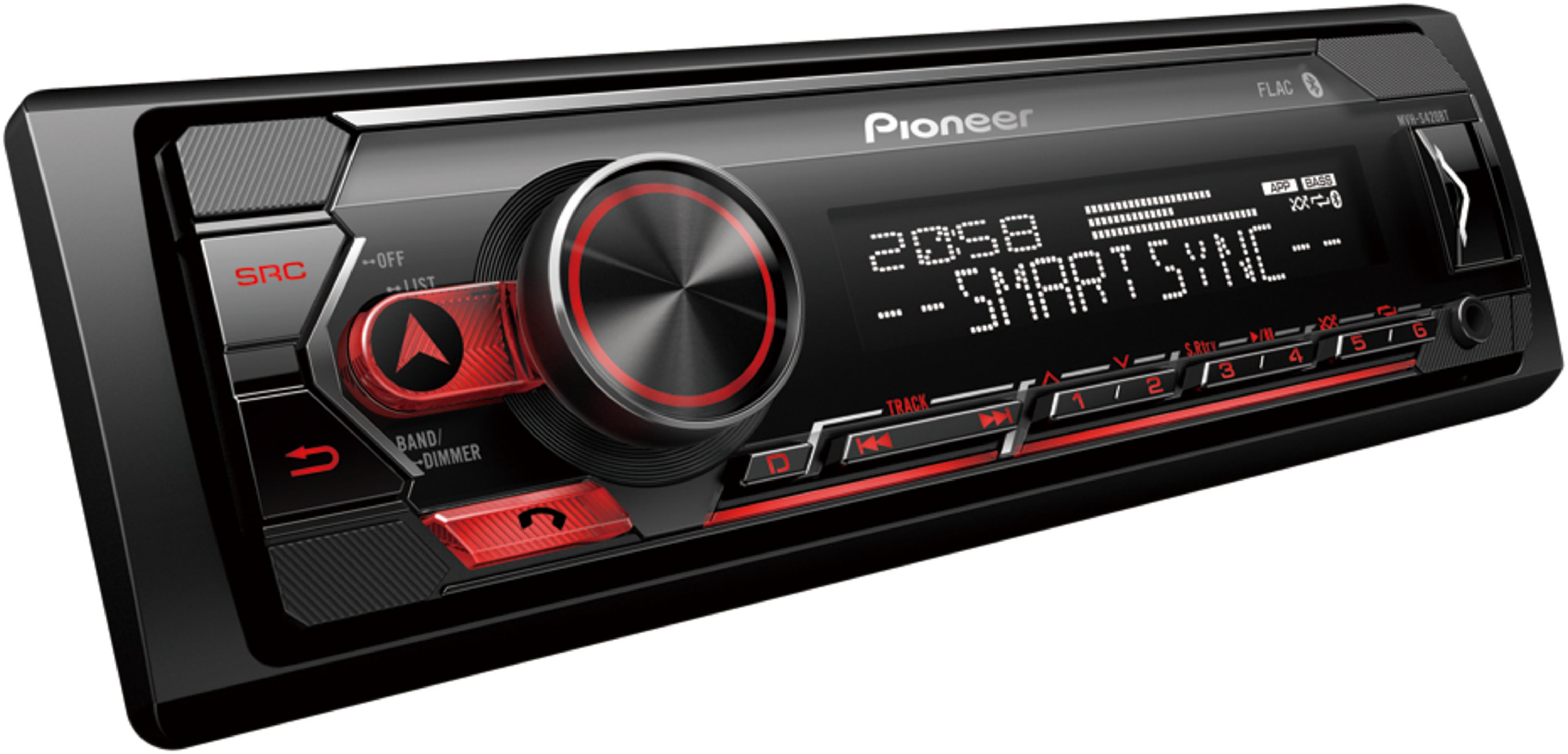 Radio de coche Pioneer con carcasa negra, detalles rojos y pantalla digital.