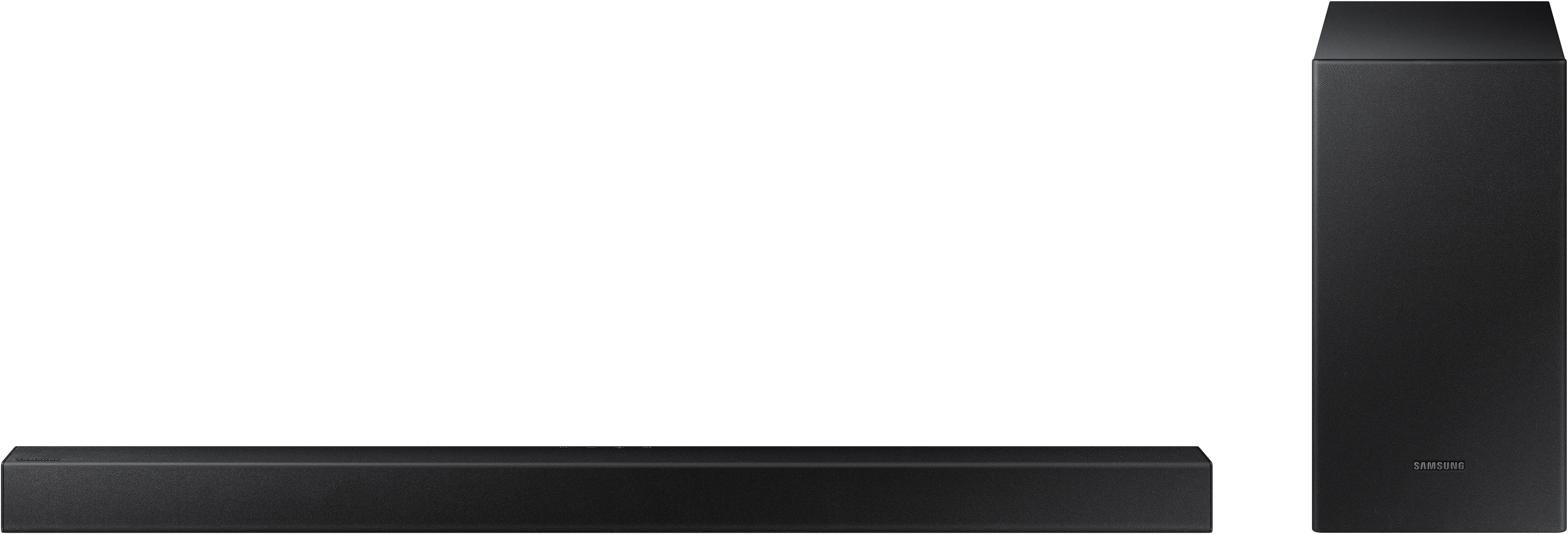 Czarny soundbar i subwoofer Samsung na białym tle.