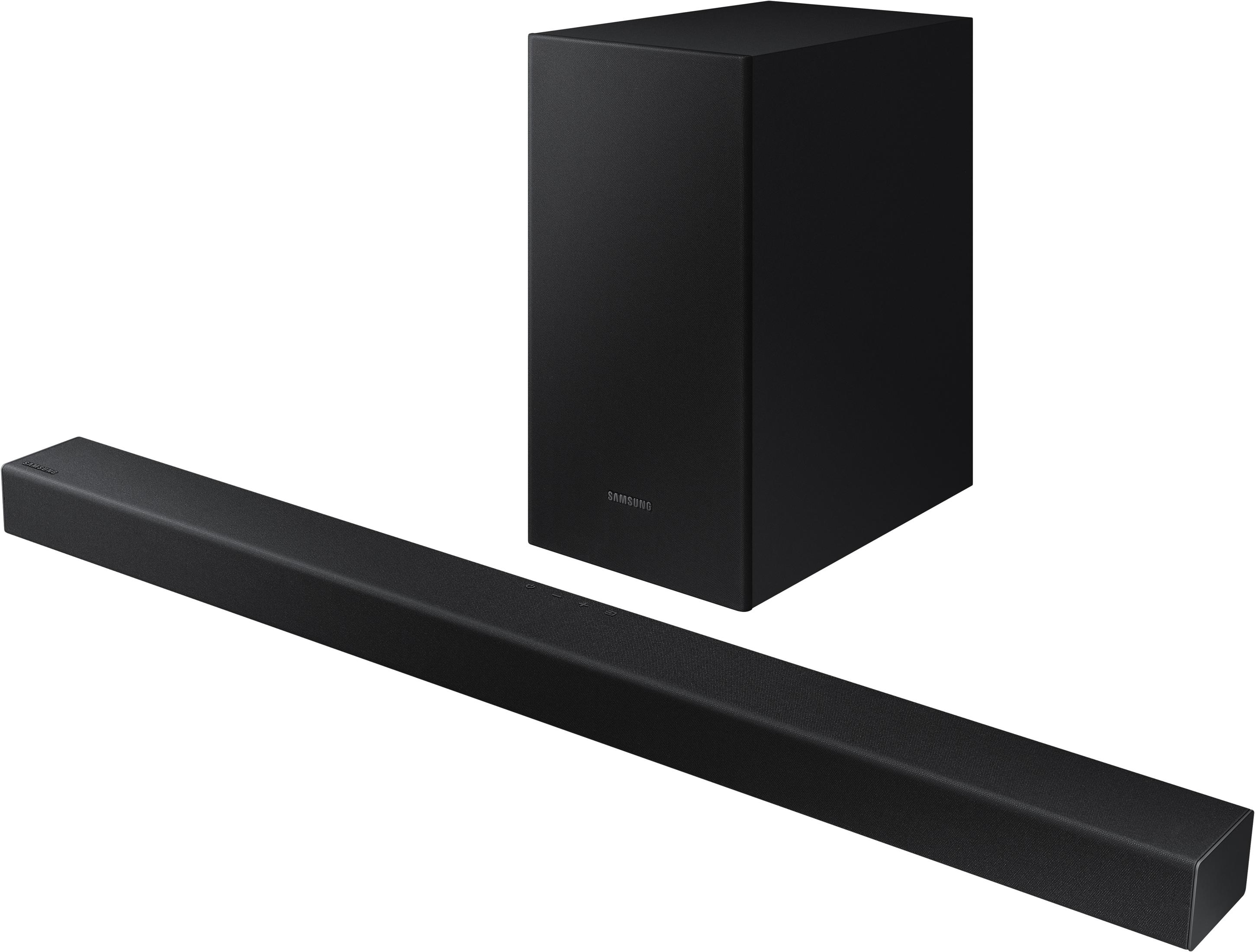 Czarny soundbar i subwoofer Samsung na białym tle.