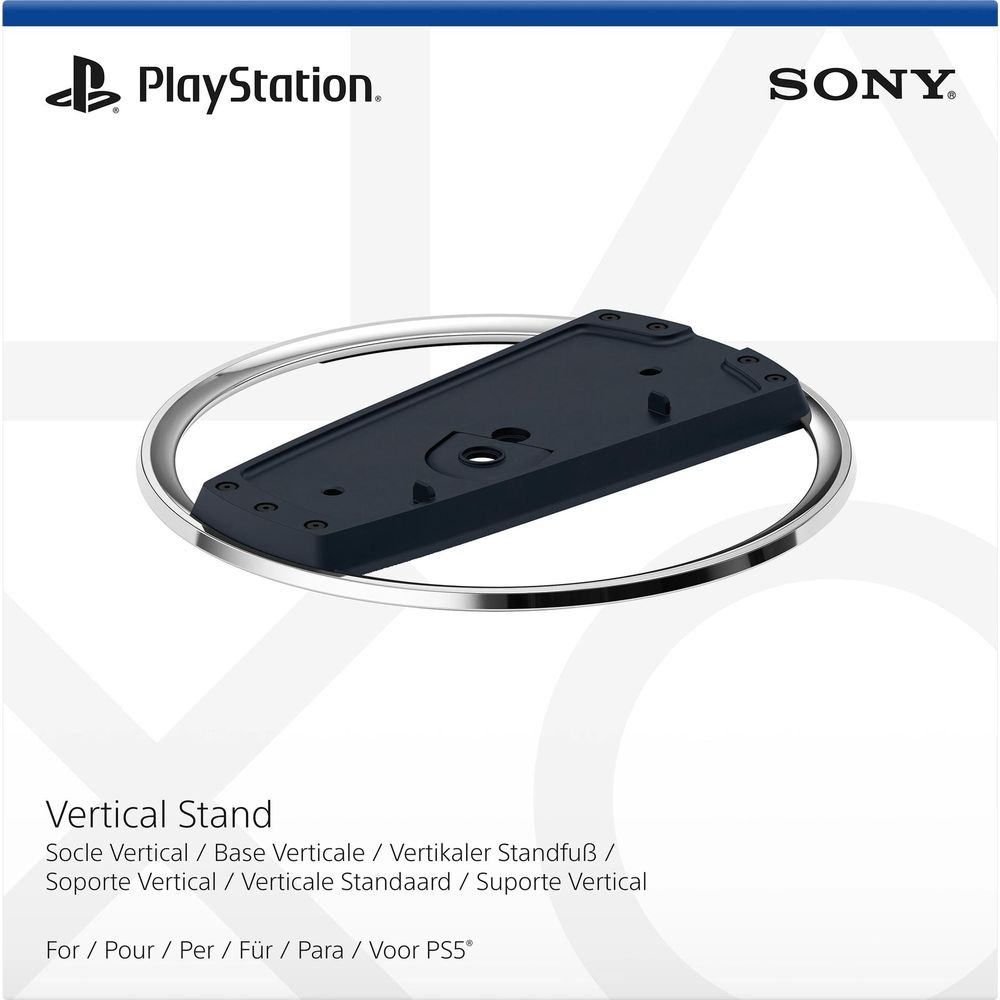 Ein schwarzer PS5 Vertikalständer mit silbernem Ring. PlaySt. & SONY Logos.