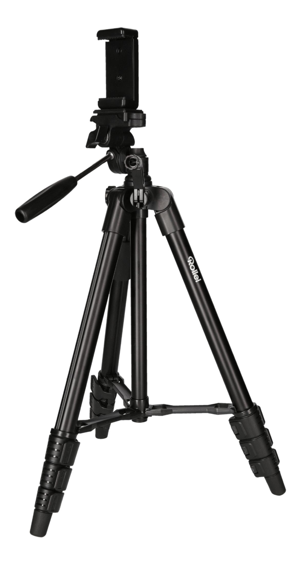 Czarny statyw z uchwytem na telefon, na białym tle.