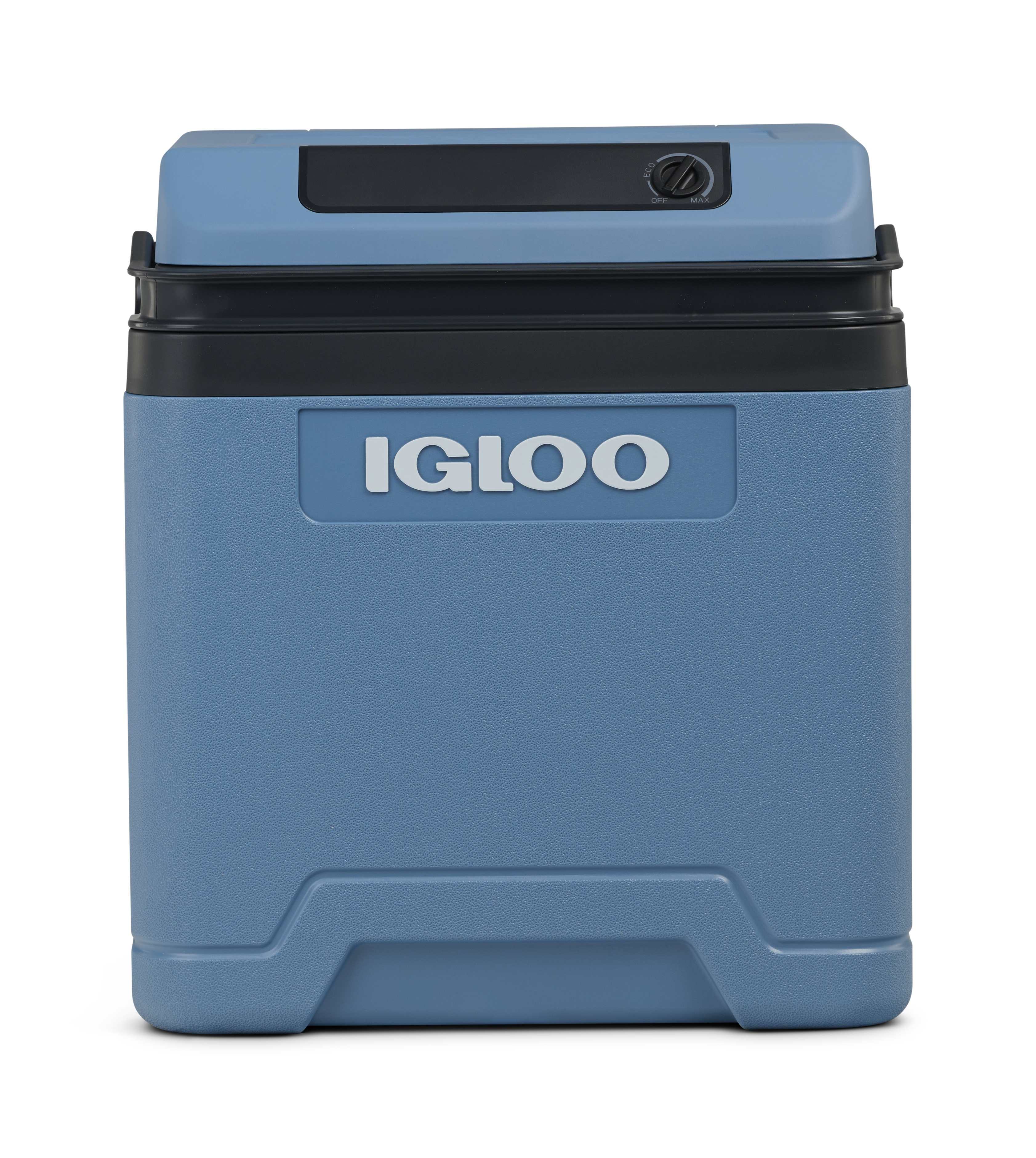 Ein blauer Kühlbox mit dem IGLOO-Logo und einem schwarzen Deckel.