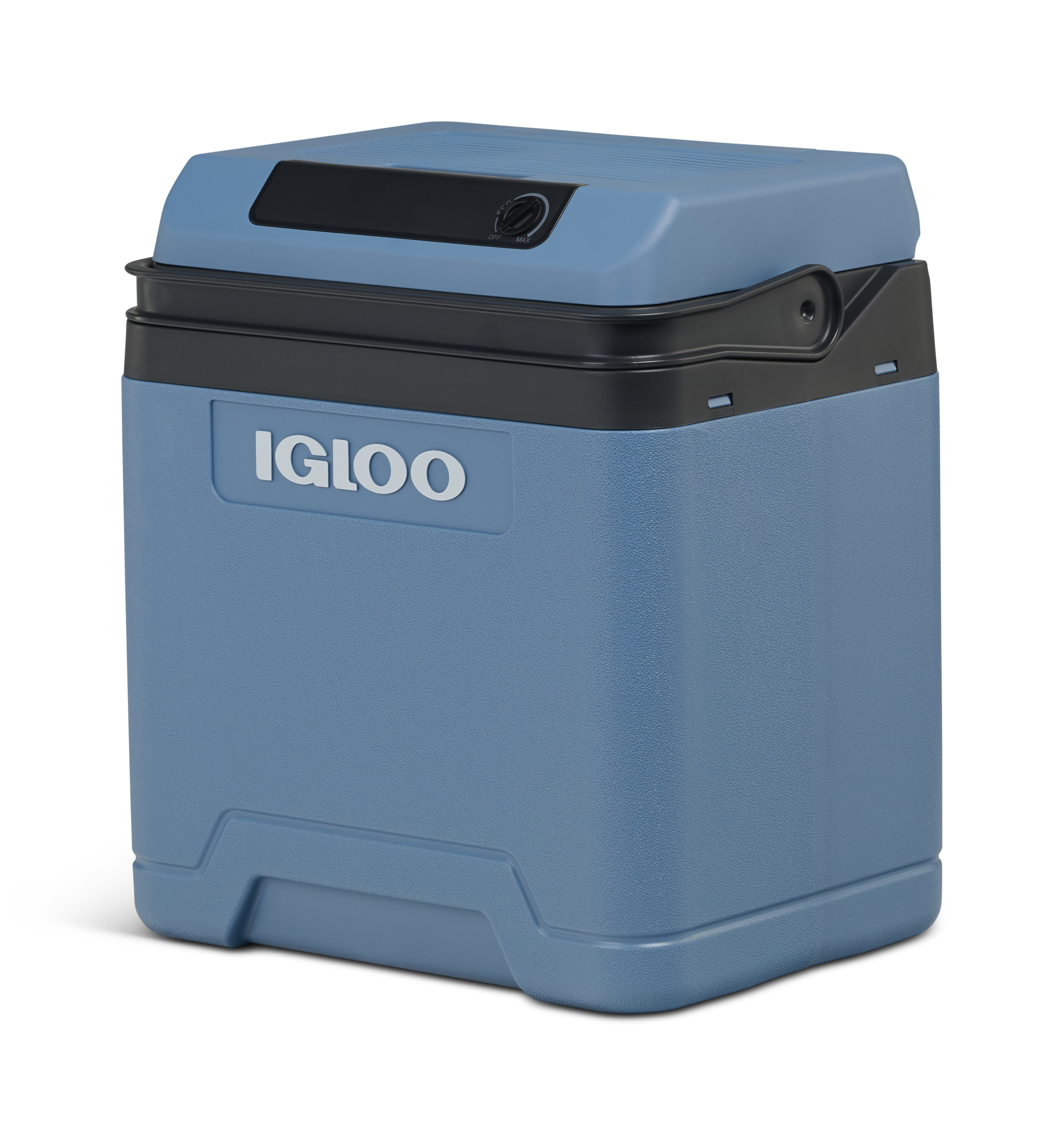 Eine blaue IGLOO-Kühlbox mit schwarzem Deckel und Drehregler.