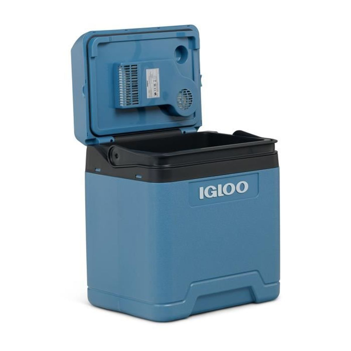 Blaue Igloo-Kühltruhe mit geöffnetem Deckel, Innenraum und Lüftungsschlitzen. Weißer Hintergrund.