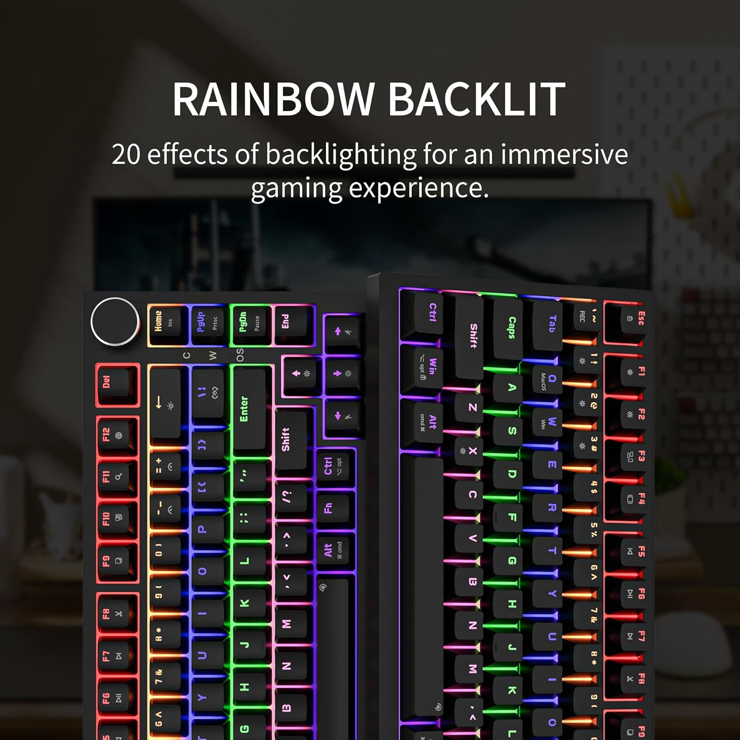 Dwa klawiatury gamingowe z tęczowym podświetleniem i tekstem 