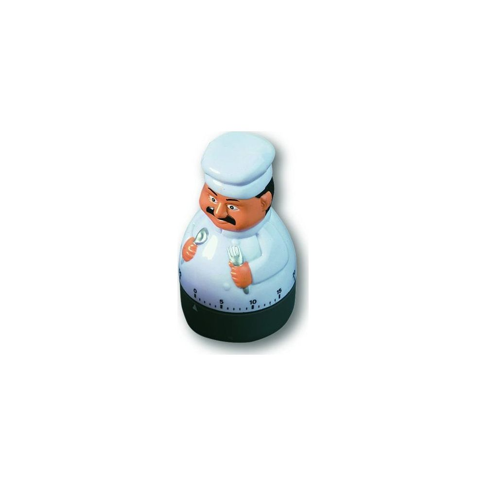 Figurka kucharza w czepku trzymająca widelec i łyżkę. Zegar kuchenny.