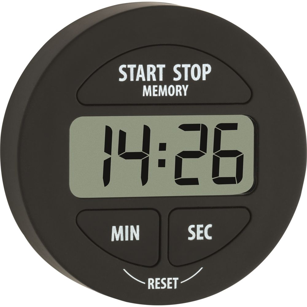 Ein runder, schwarzer digitaler Timer mit einem LCD-Display, das 14:26 anzeigt.