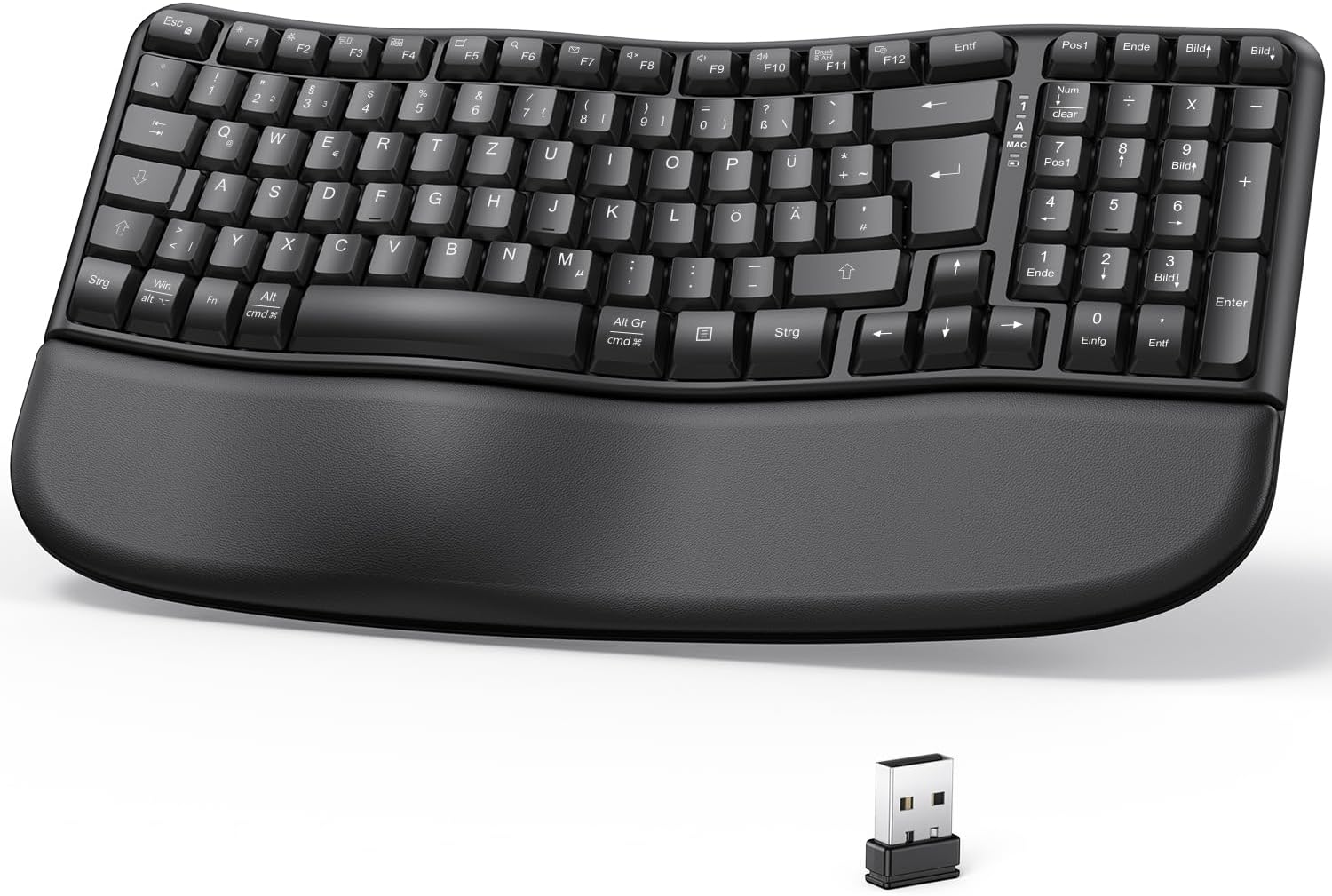 Czarna ergonomiczna klawiatura z podpórką na nadgarstek i donglem USB.