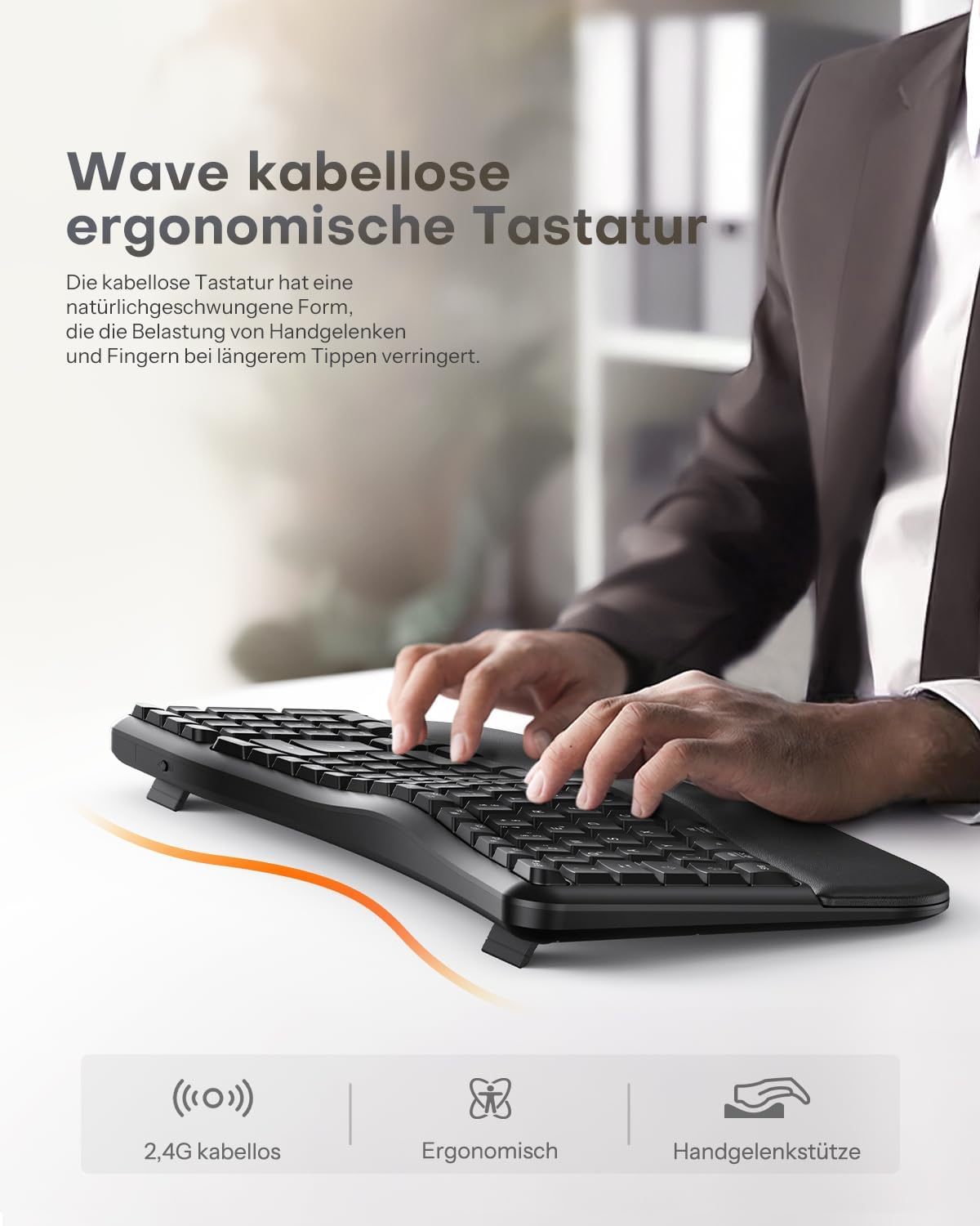 Osoba pisze na ergonomicznym bezprzewodowym klawiaturze, odciążając nadgarstki.