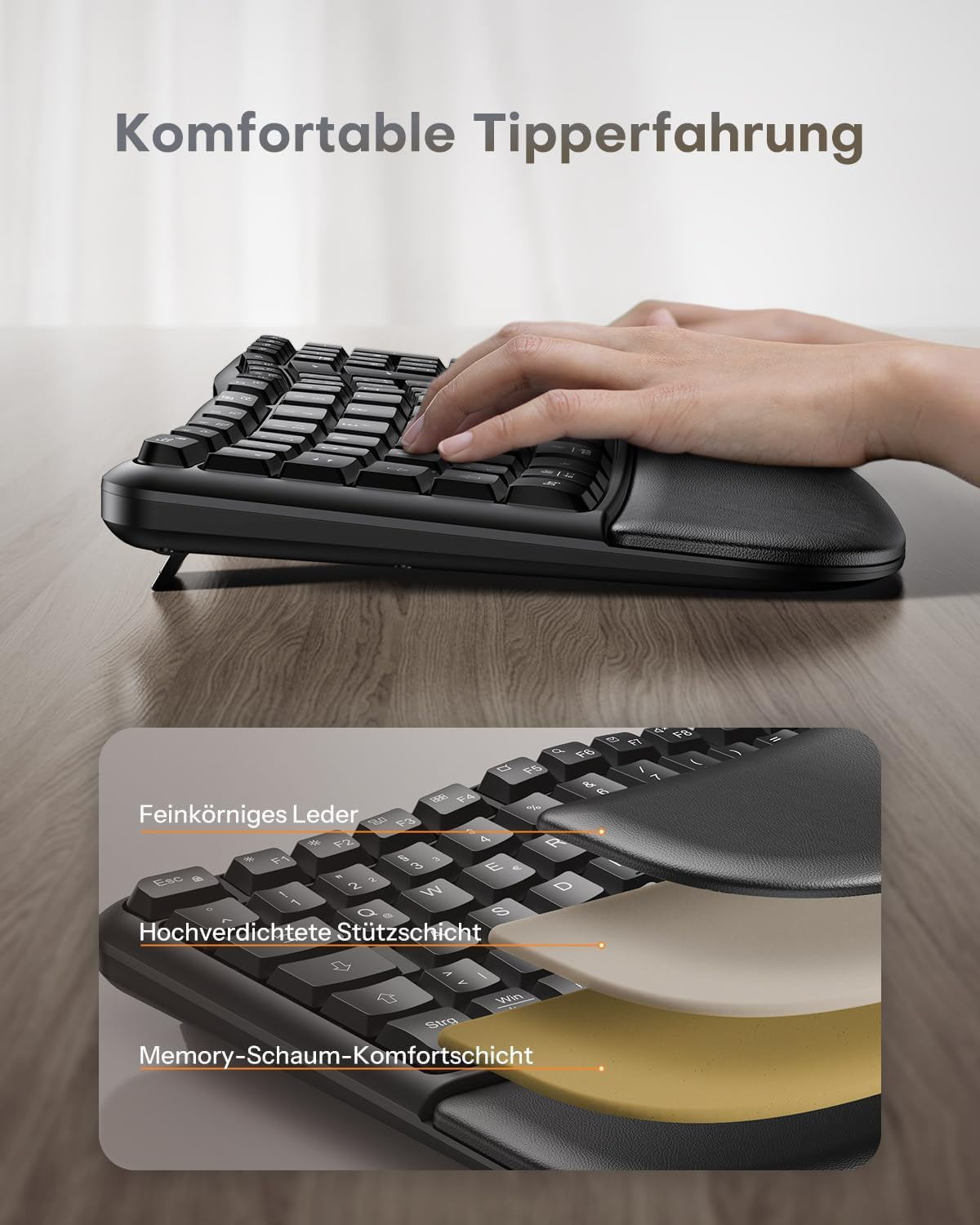 Klawiatura ergonomiczna z podparciem nadgarstka, warstwy skóry, pianki. Wygodne pisanie.