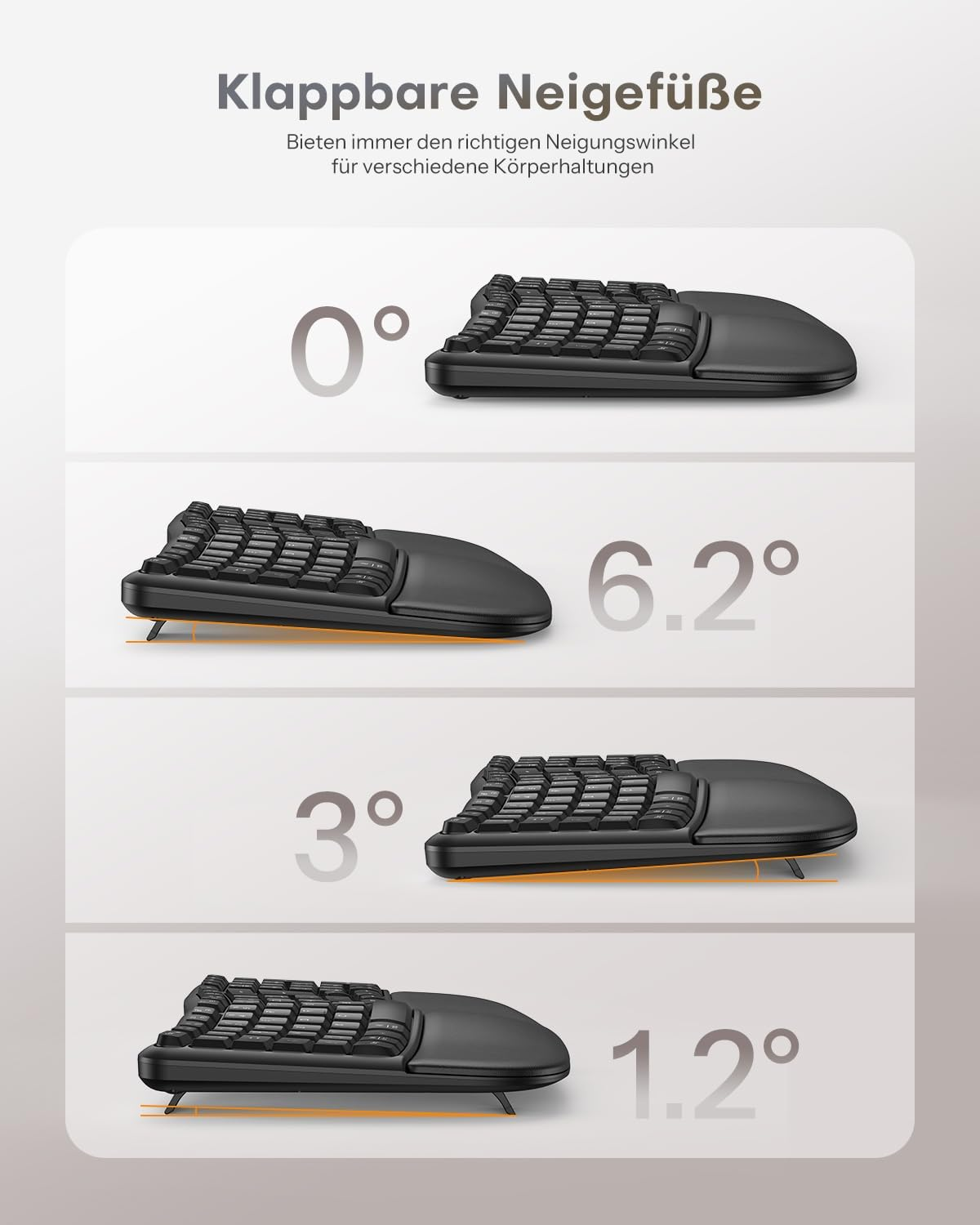 Klawiatura ergonomiczna z regulowanymi nóżkami pod różnymi kątami.