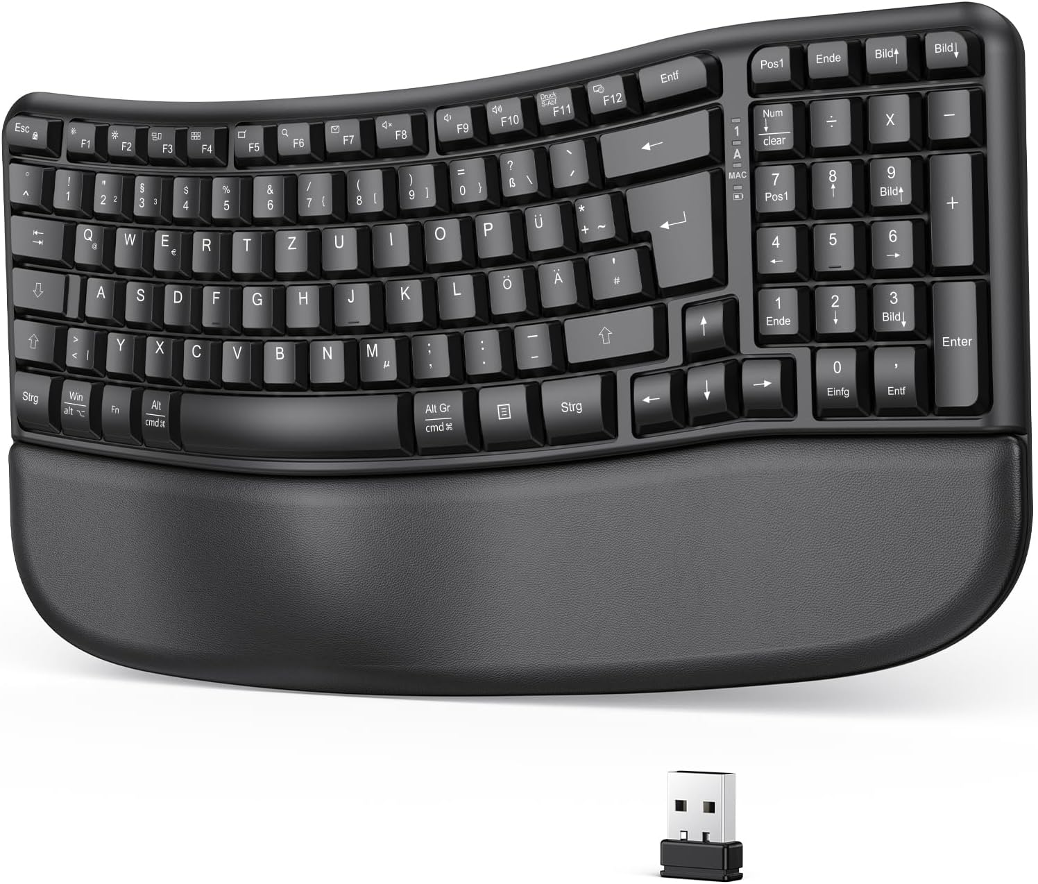 Czarny ergonomiczny zestaw klawiatury z odpinaną podpórką na nadgarstek i odbiornikiem USB.