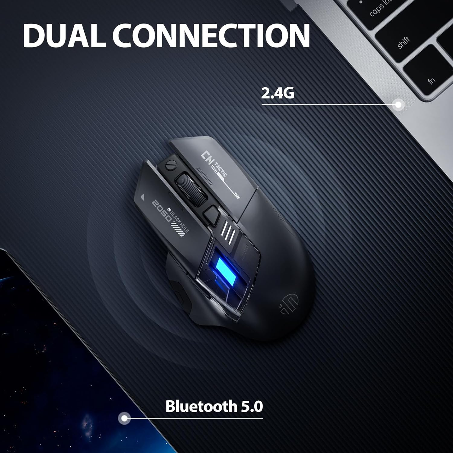 Czarna mysz gamingowa z łącznością 2.4G i Bluetooth 5.0.