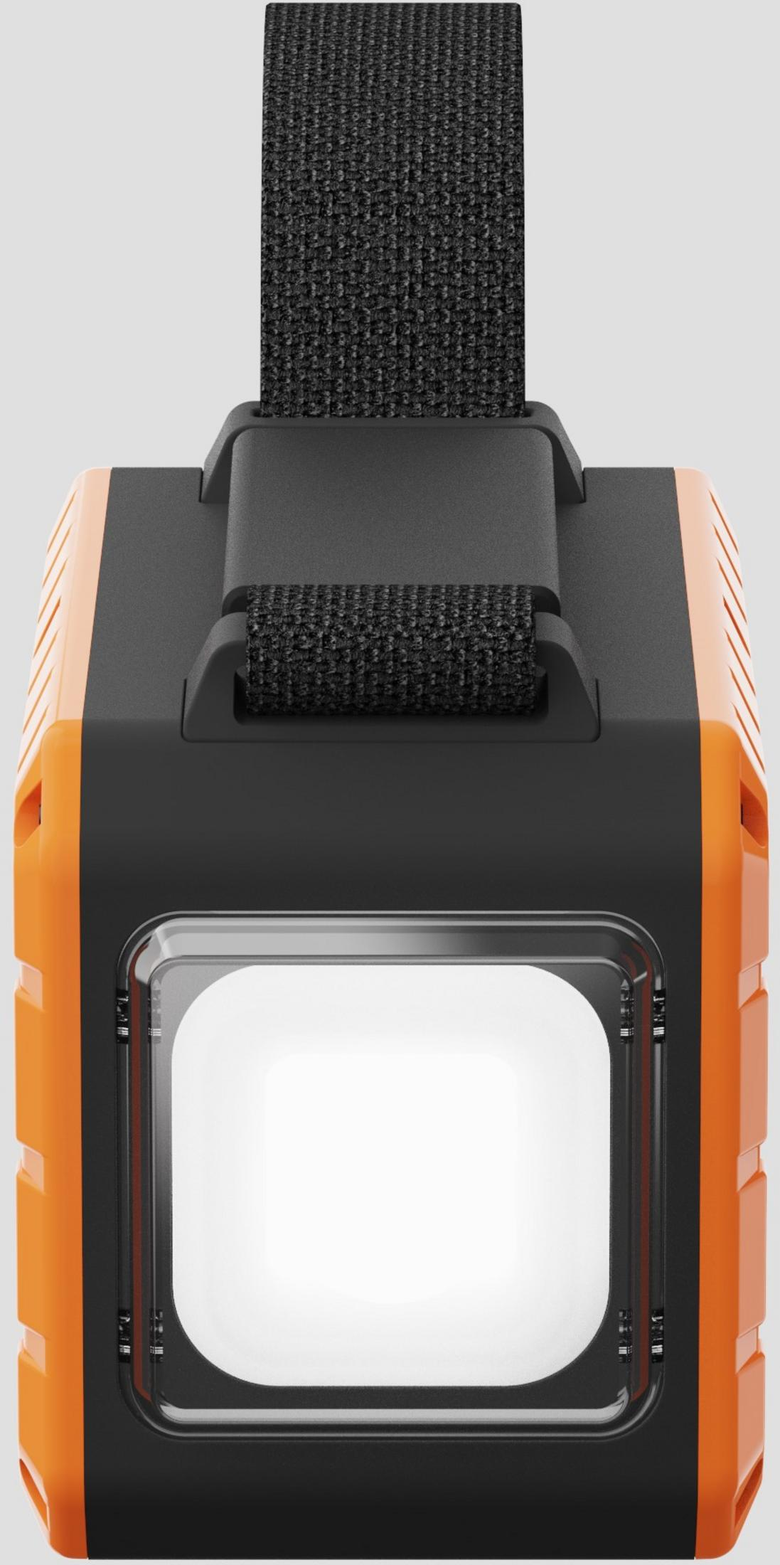 Lampe portable orange et noire avec sangle. Source lumineuse blanche et vive.