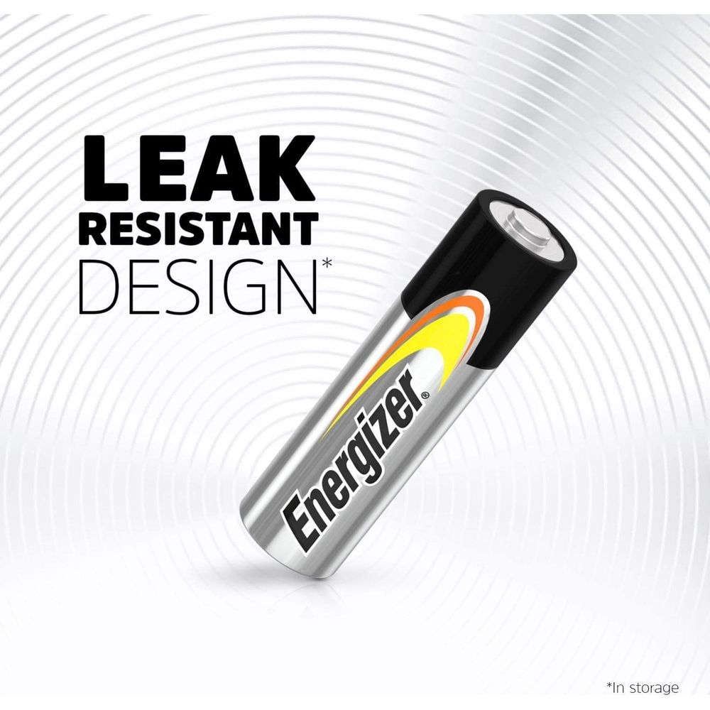 Bateria Energizer z napisem "LEAK RESISTANT DESIGN" na szarym tle.