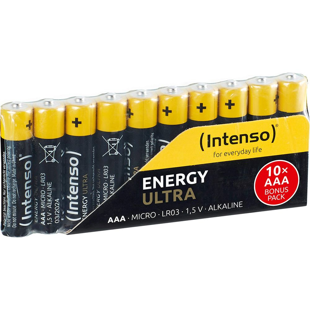 Bir pakette on adet AAA Intenso Energy Ultra pil, siyah ve sarı.