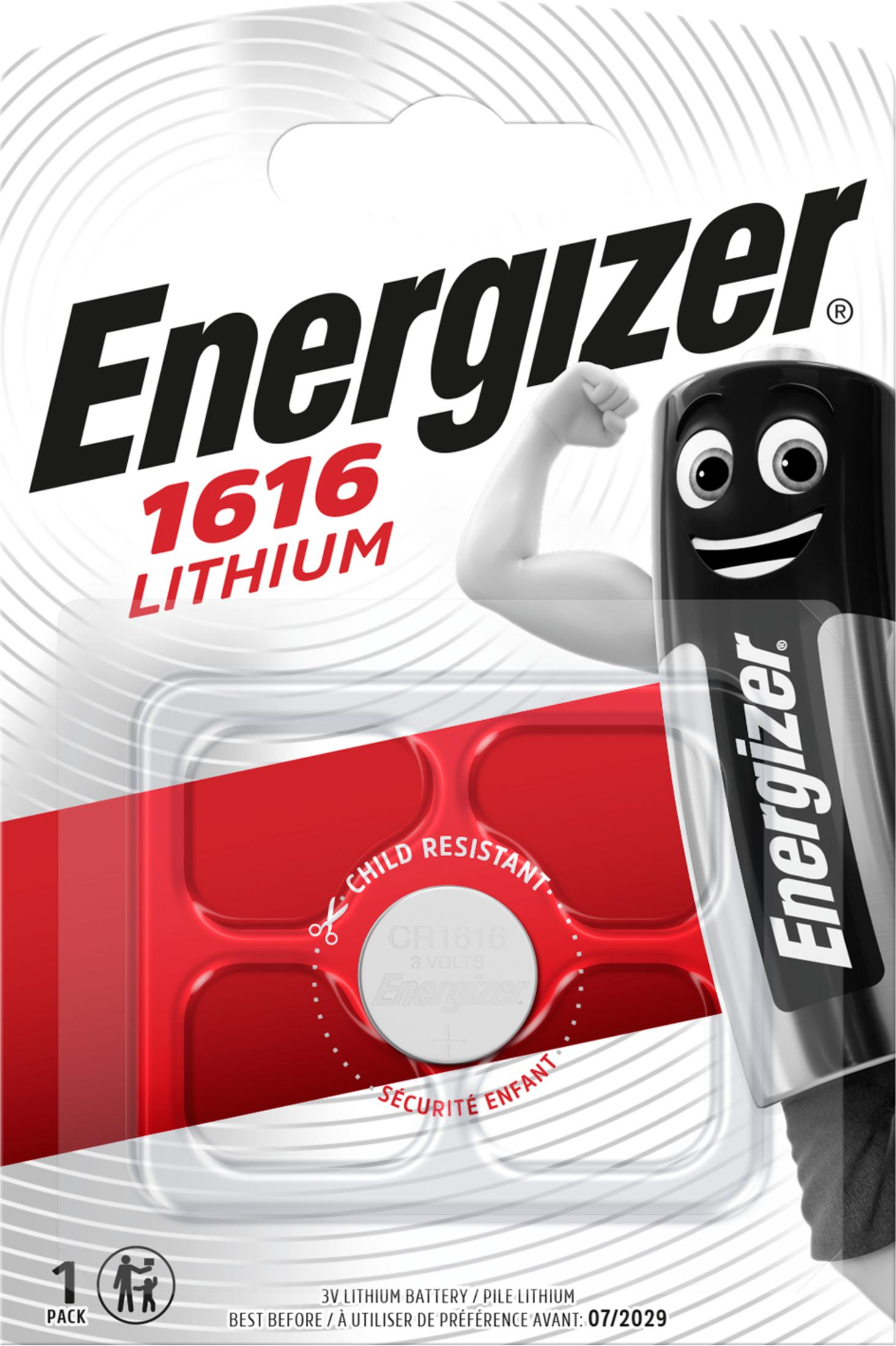 Energizer 1616 Lithium-Batteriepackung mit Comic-Batteriefigur und Kinderschutz.