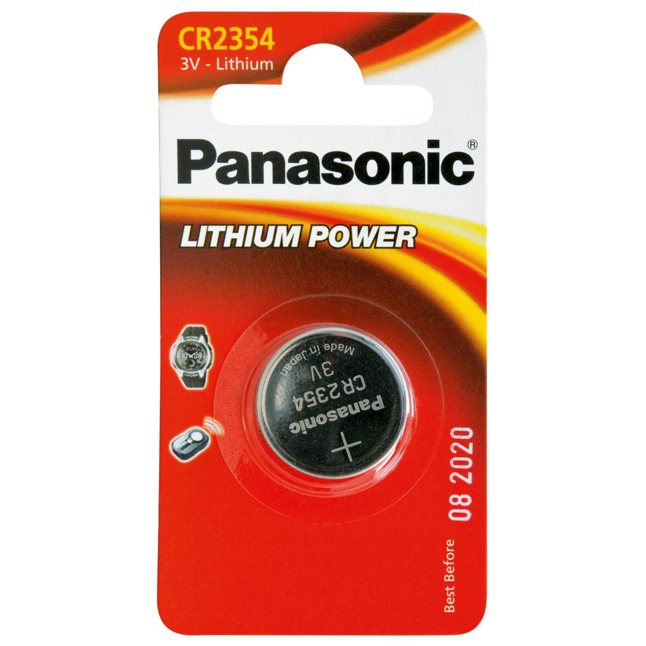 Batteria a bottone al litio Panasonic CR2354 3V su cartoncino rosso.