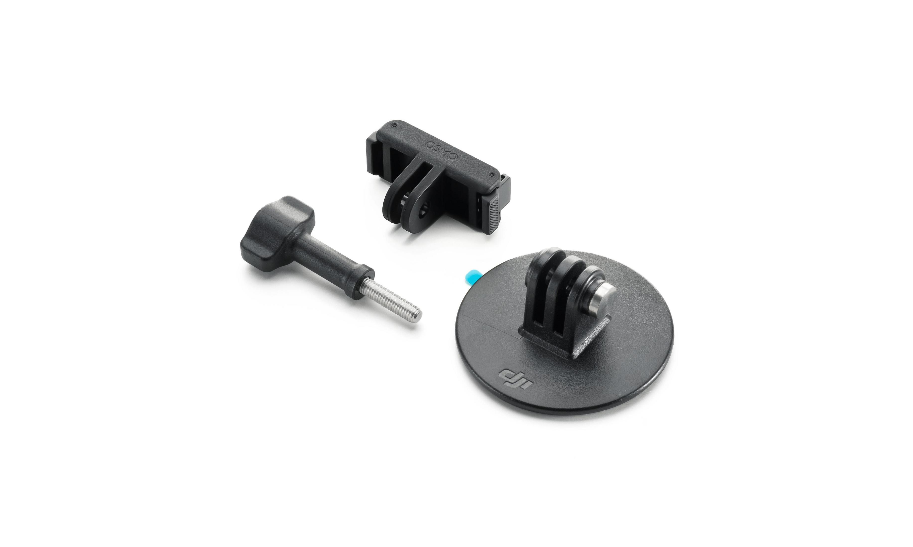Trois accessoires noirs pour appareil photo : une tige filetée, un support et une base ronde.