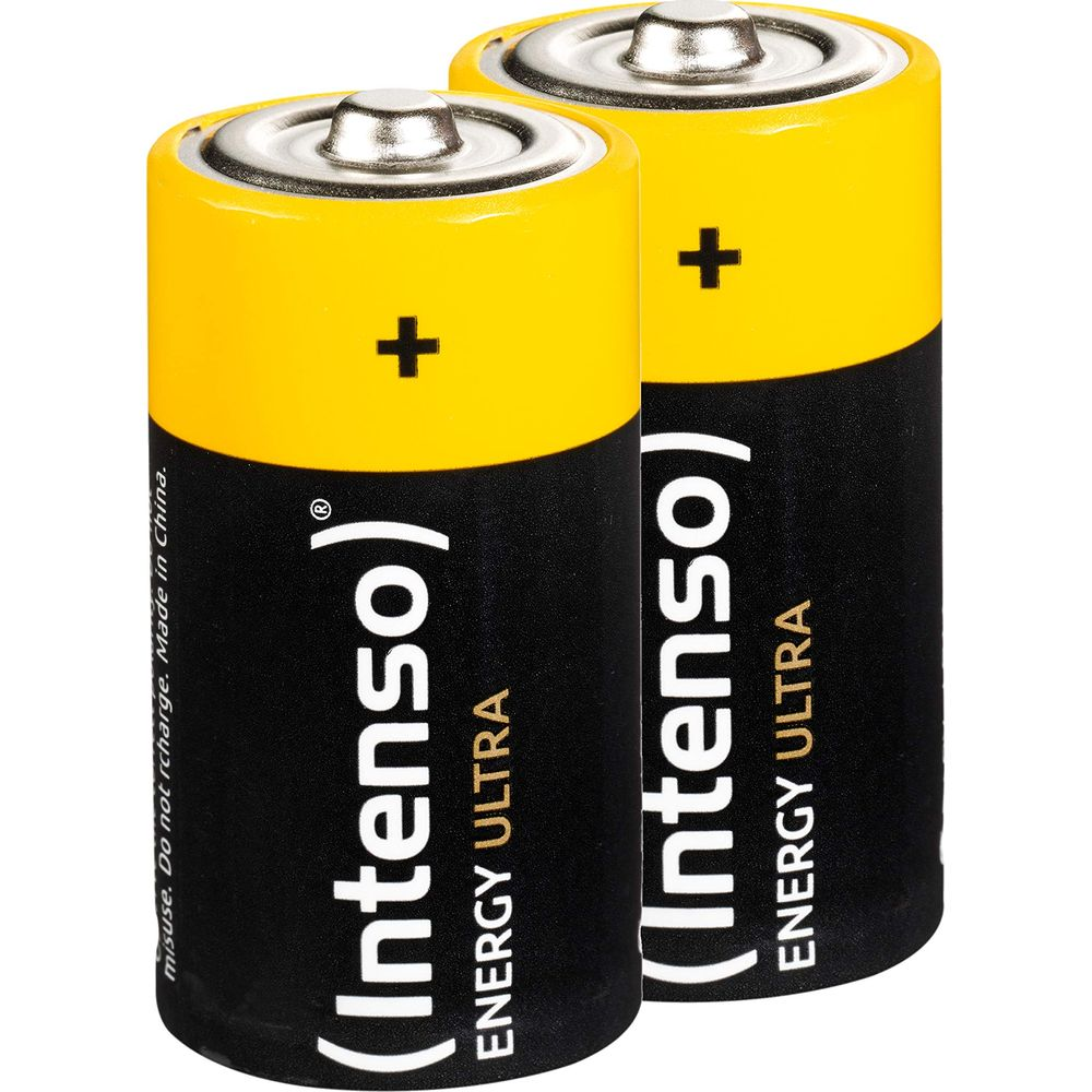 Dwie baterie Intenso Energy Ultra z żółtymi górnymi częściami i czarnymi korpusami.