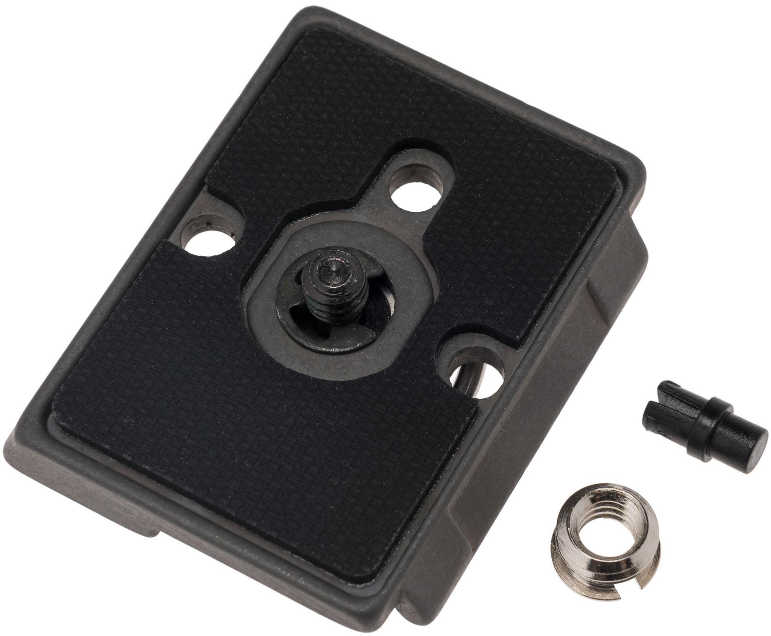 Schwarz graue Kamera-Schnellwechselplatte mit Schraube und Adapter.