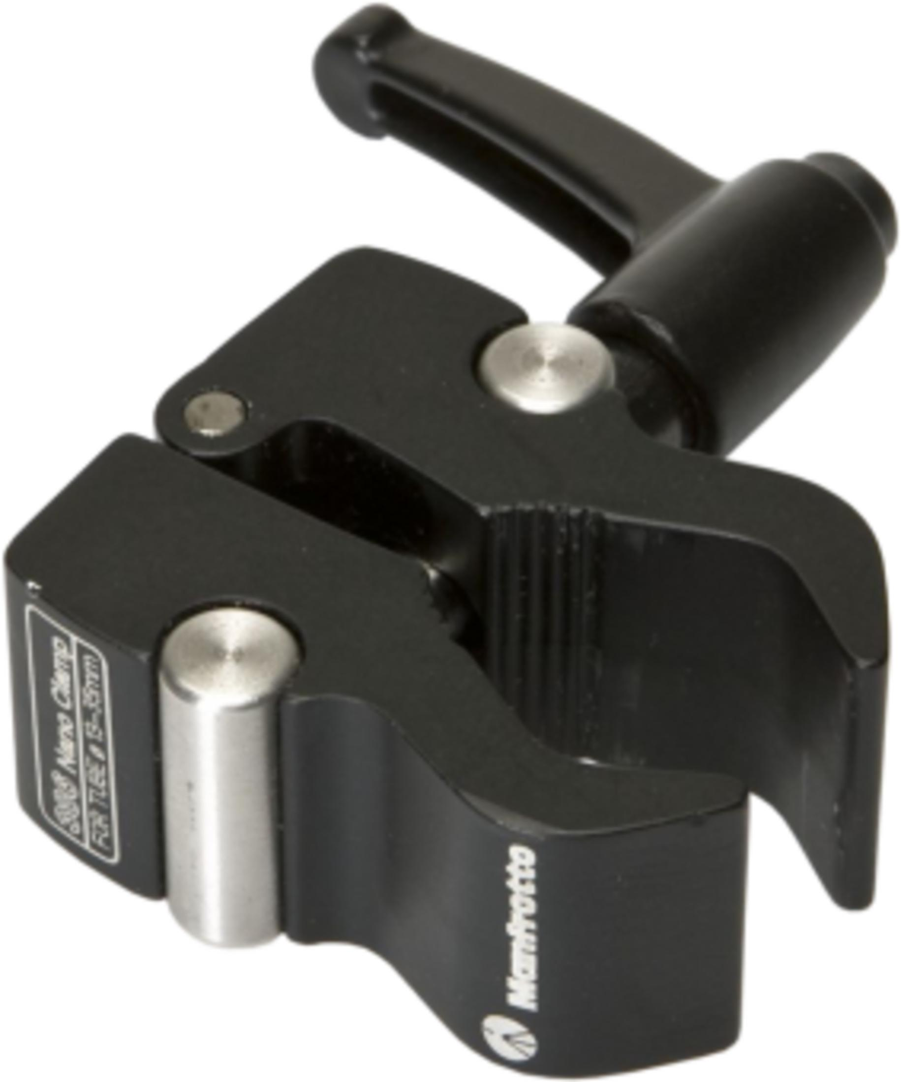 Ein schwarzer Manfrotto-Klemme für Rohre mit 13-15mm Durchmesser.