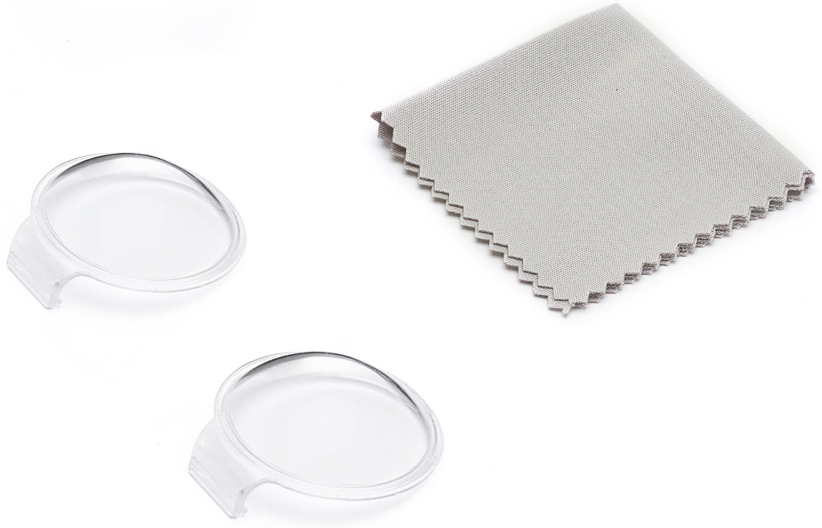 Due coperture protettive trasparenti e un panno in microfibra grigio.