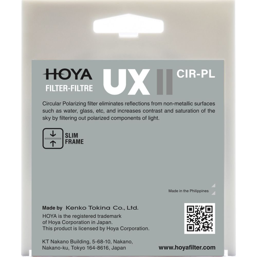 Hoya UX II CIR-PL Polarisationsfilter-Verpackung mit Produktinformationen.