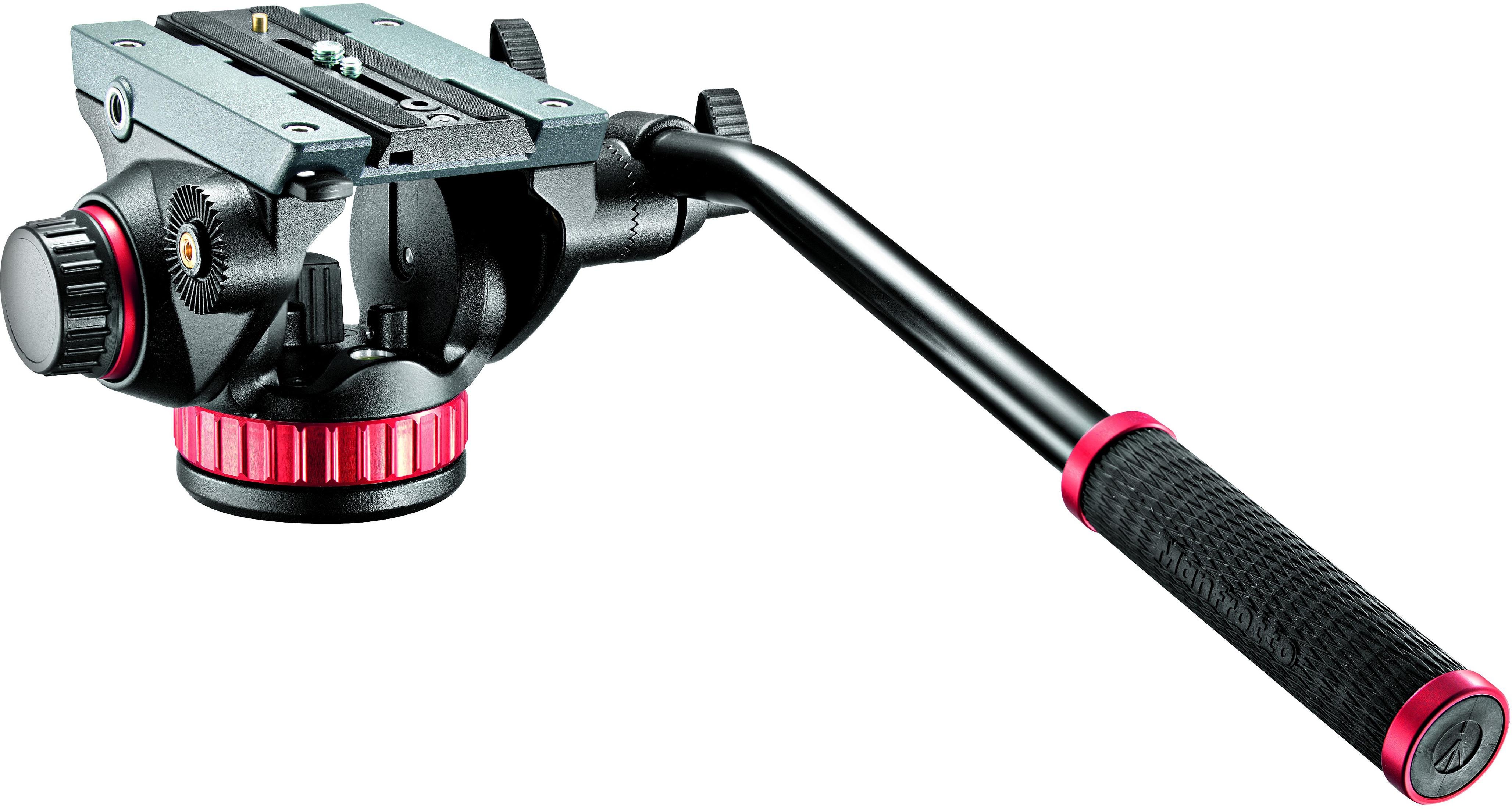 Een Manfrotto statiefkop met zwarte handgreep, rode accenten en metalen plaat.
