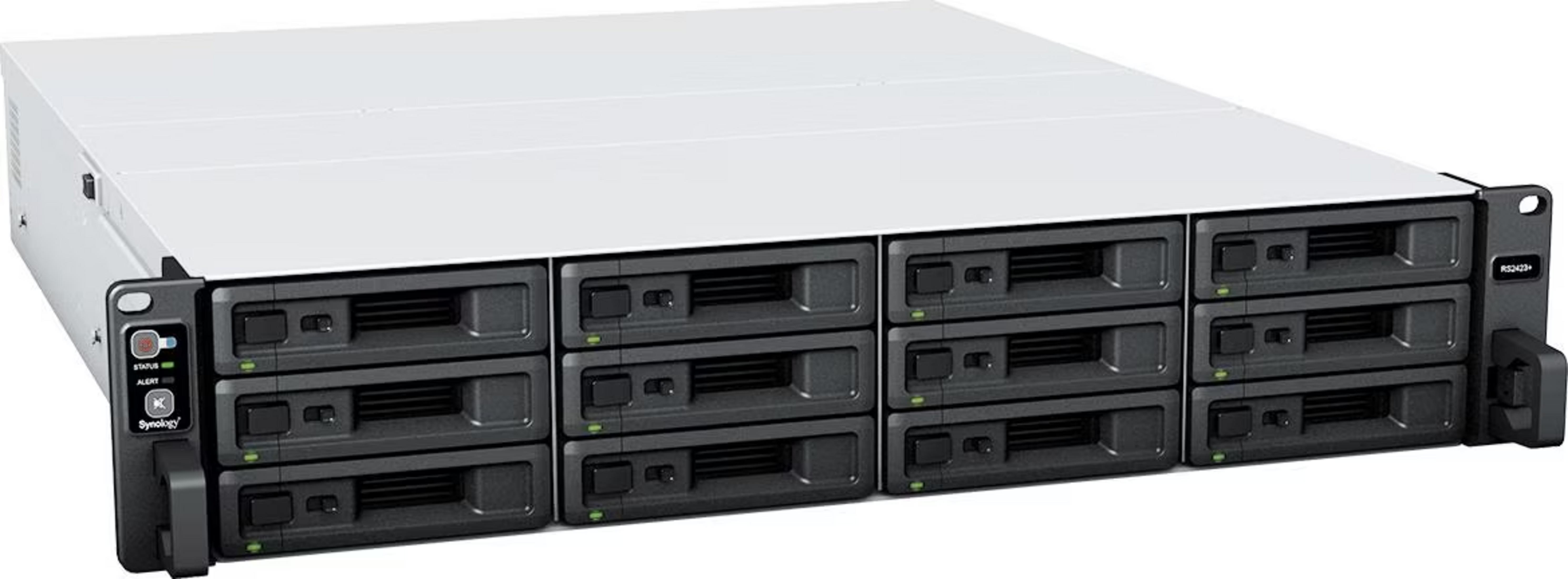Un serveur rack blanc avec 12 baies de disque grises et un panneau de commande.