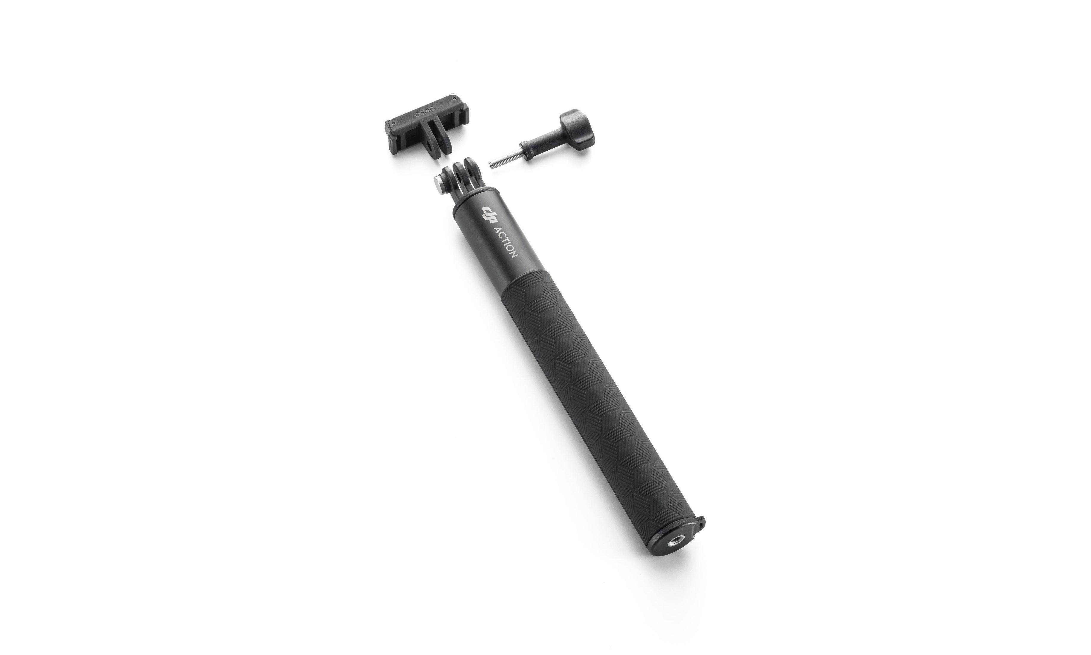Un agarre negro con logo DJI Action y accesorios.