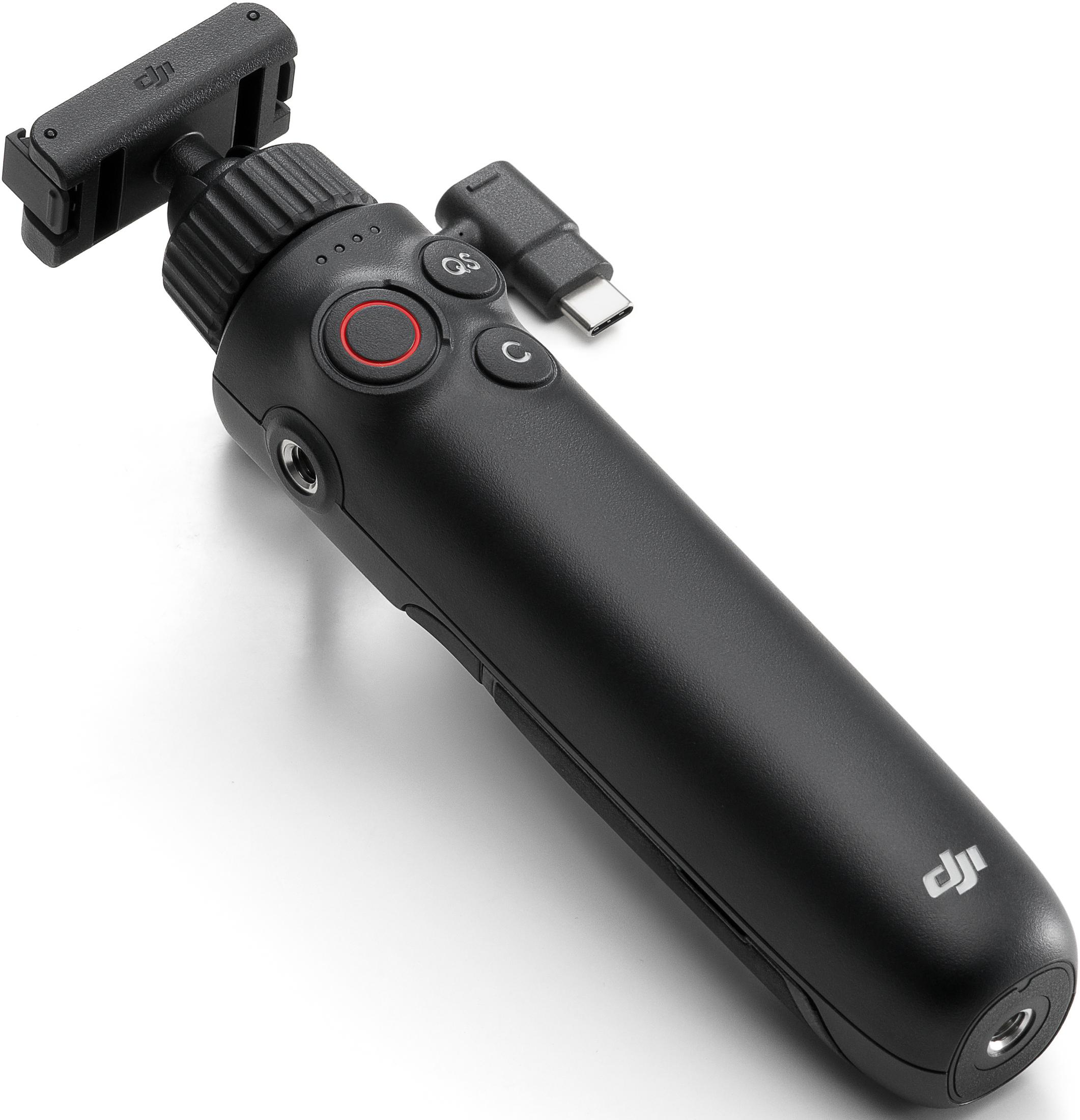 Schwarzer DJI Handgriff mit roten Knöpfen und USB-C-Anschluss.