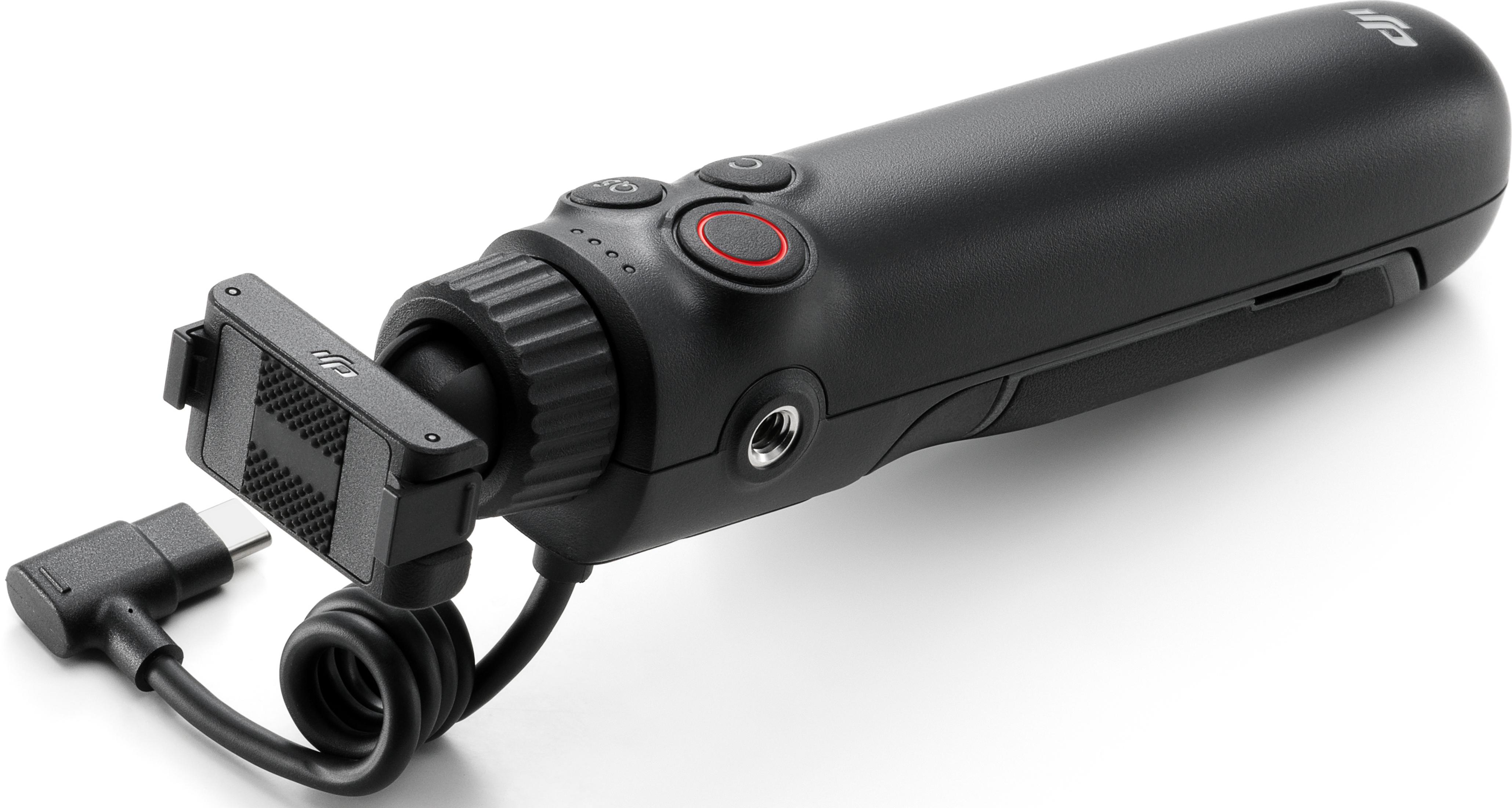 Ein schwarzer Gimbal-Griff mit USB-C-Kabel und Mikrofonhalterung.