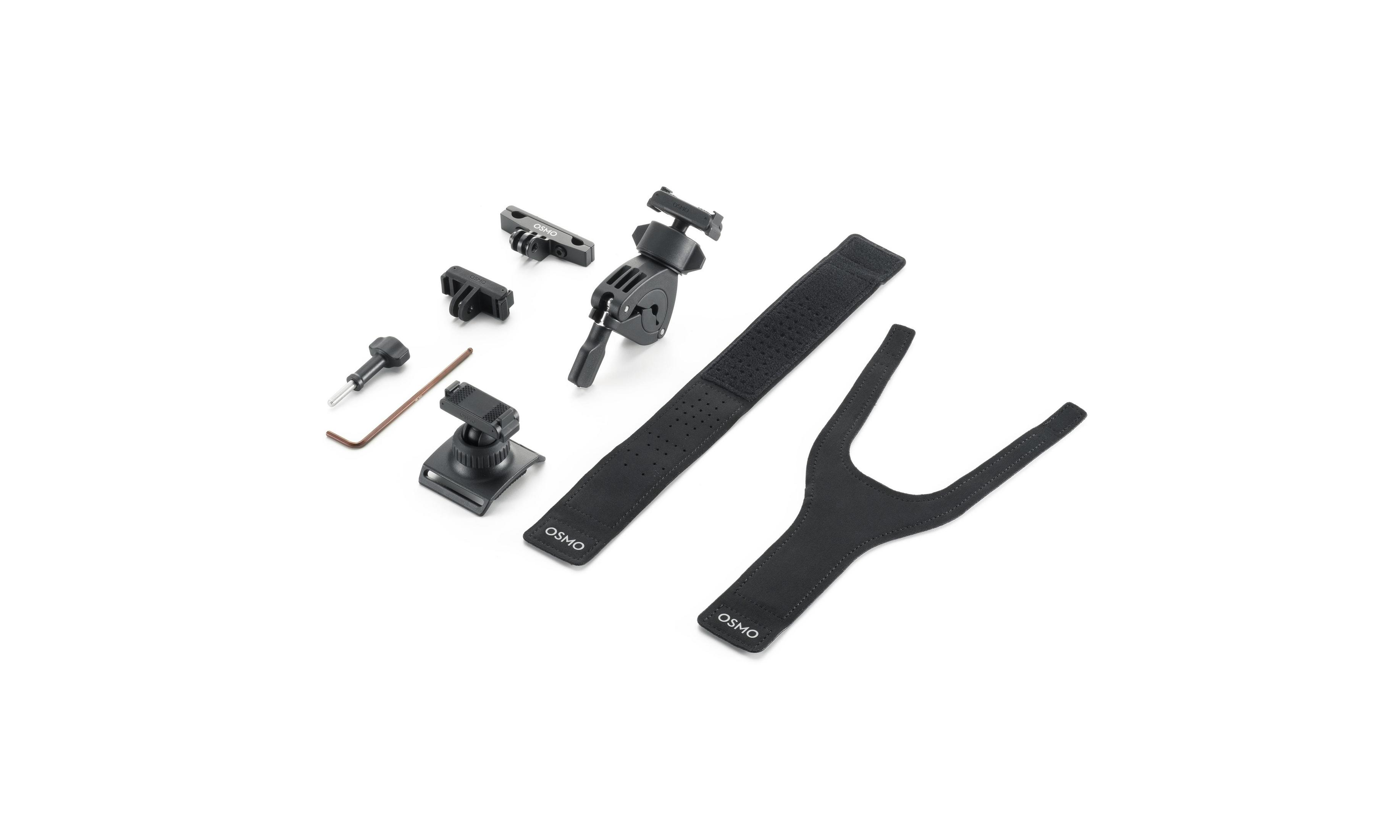 Varios accesorios negros para cámara, incluyendo monturas y correas.