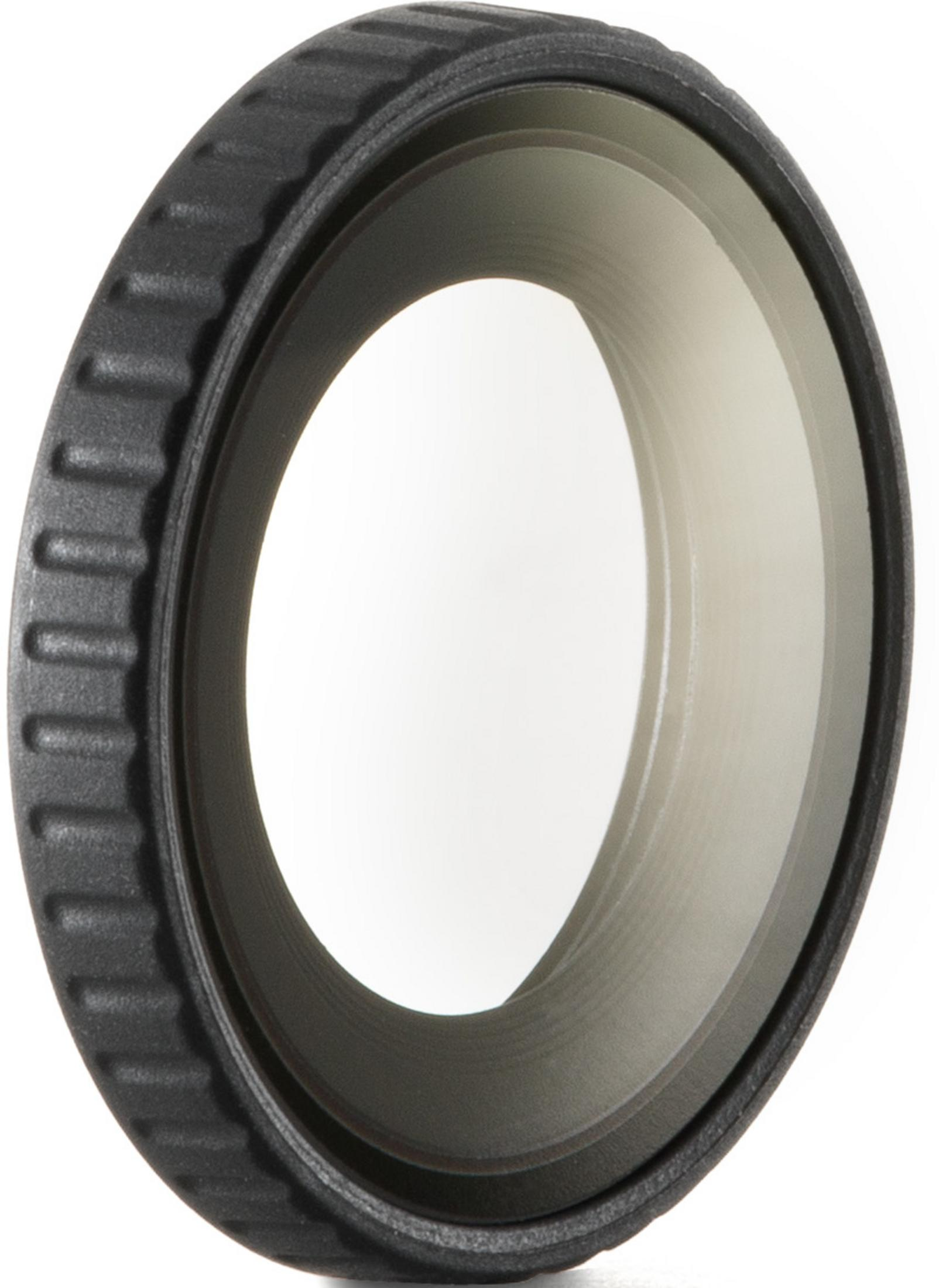 Un anillo de lente negro con moleteado y superficie interior brillante.