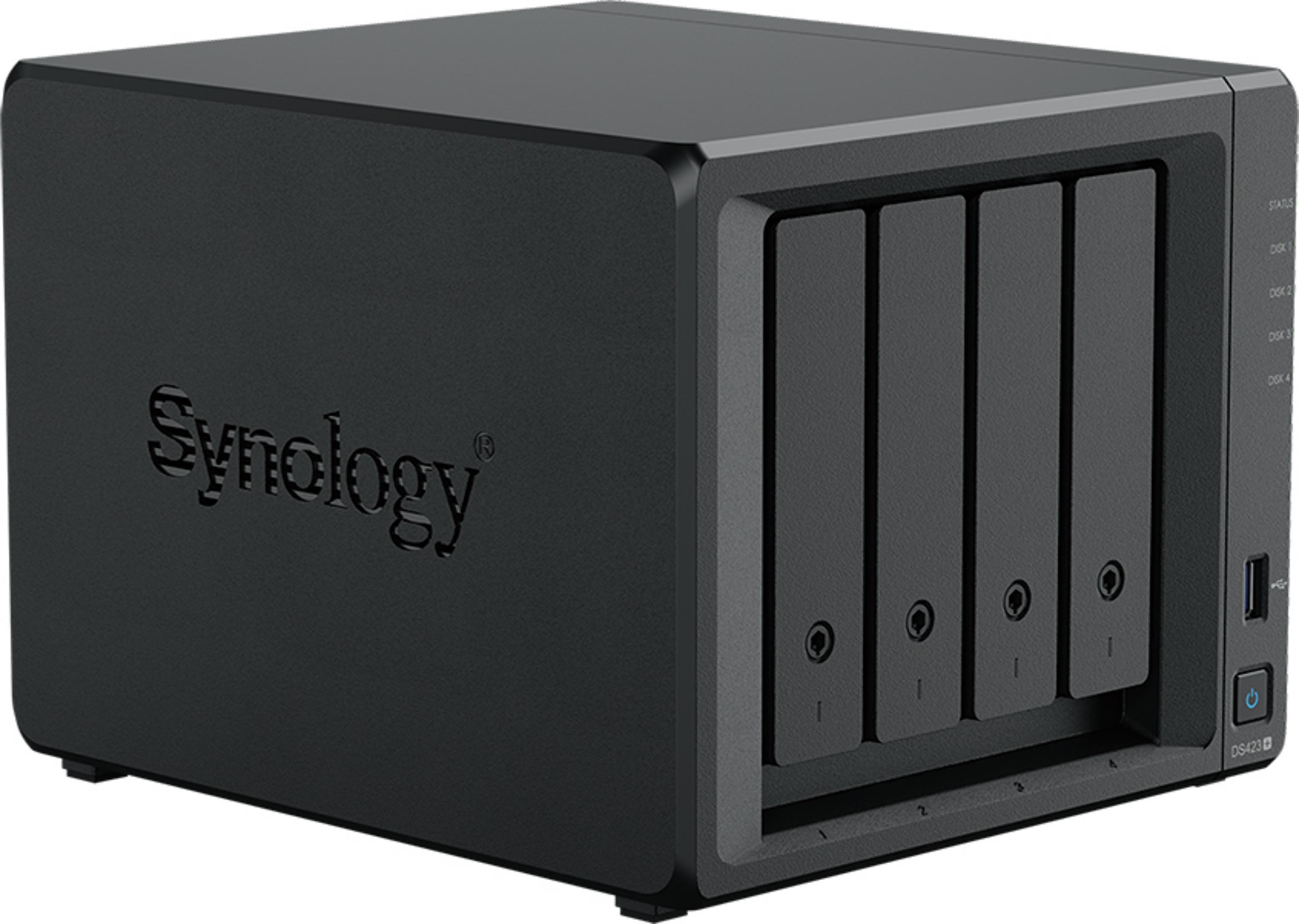 Un NAS Synology negro con cuatro bahías de disco y un puerto USB.