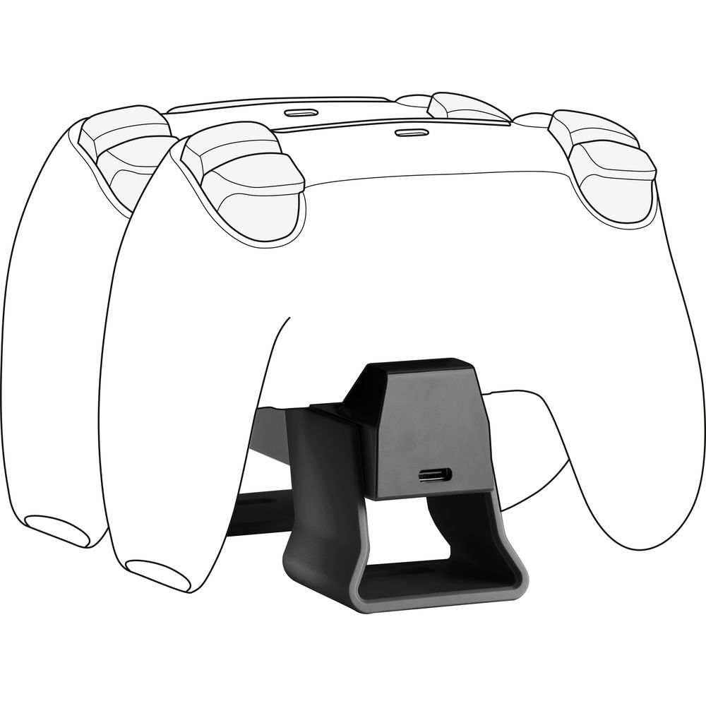 A black charging stand for a white controller with buttons.