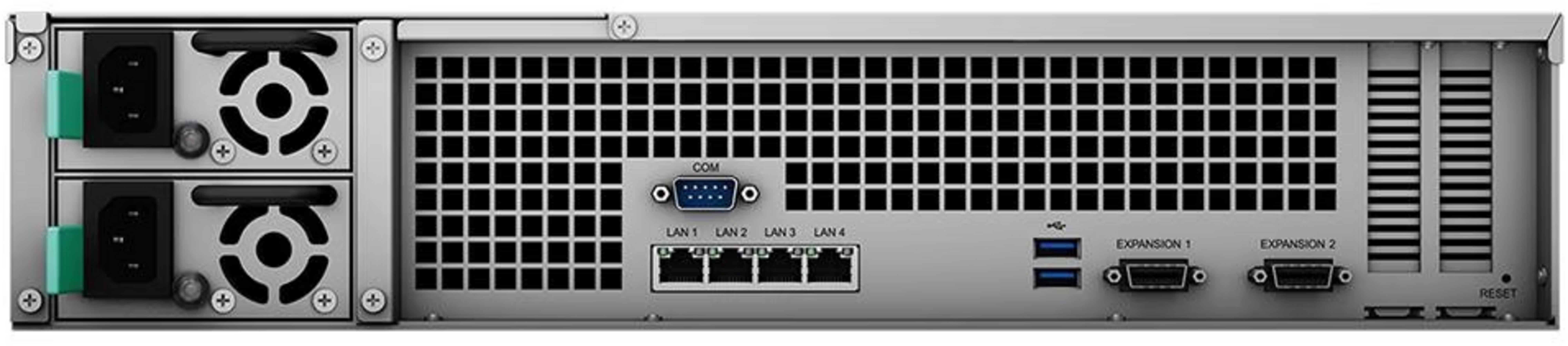 Rückseite eines Servers mit Lüftern, Anschlüssen und Lüftungsgittern.