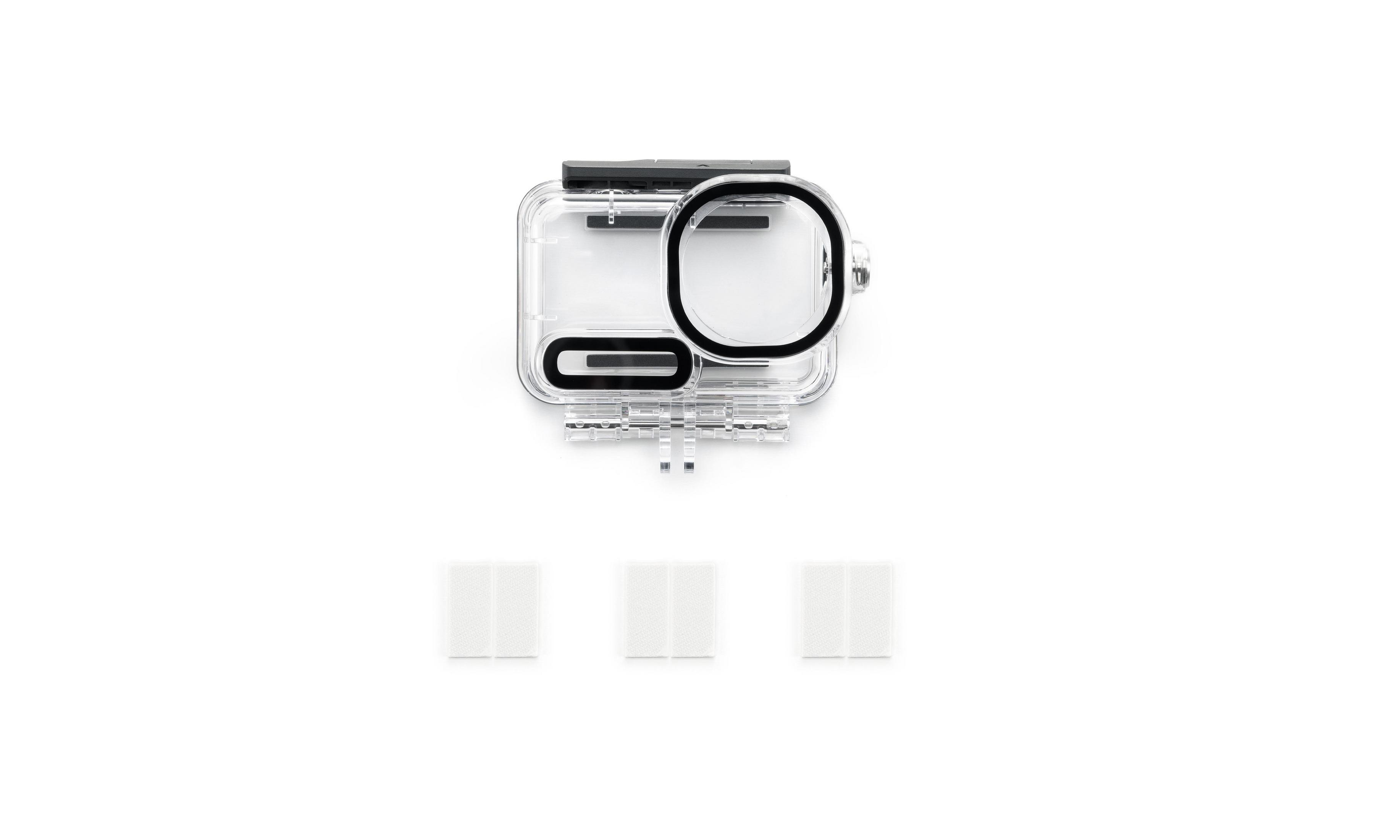 Carcasa impermeable para GoPro con tres almohadillas blancas.