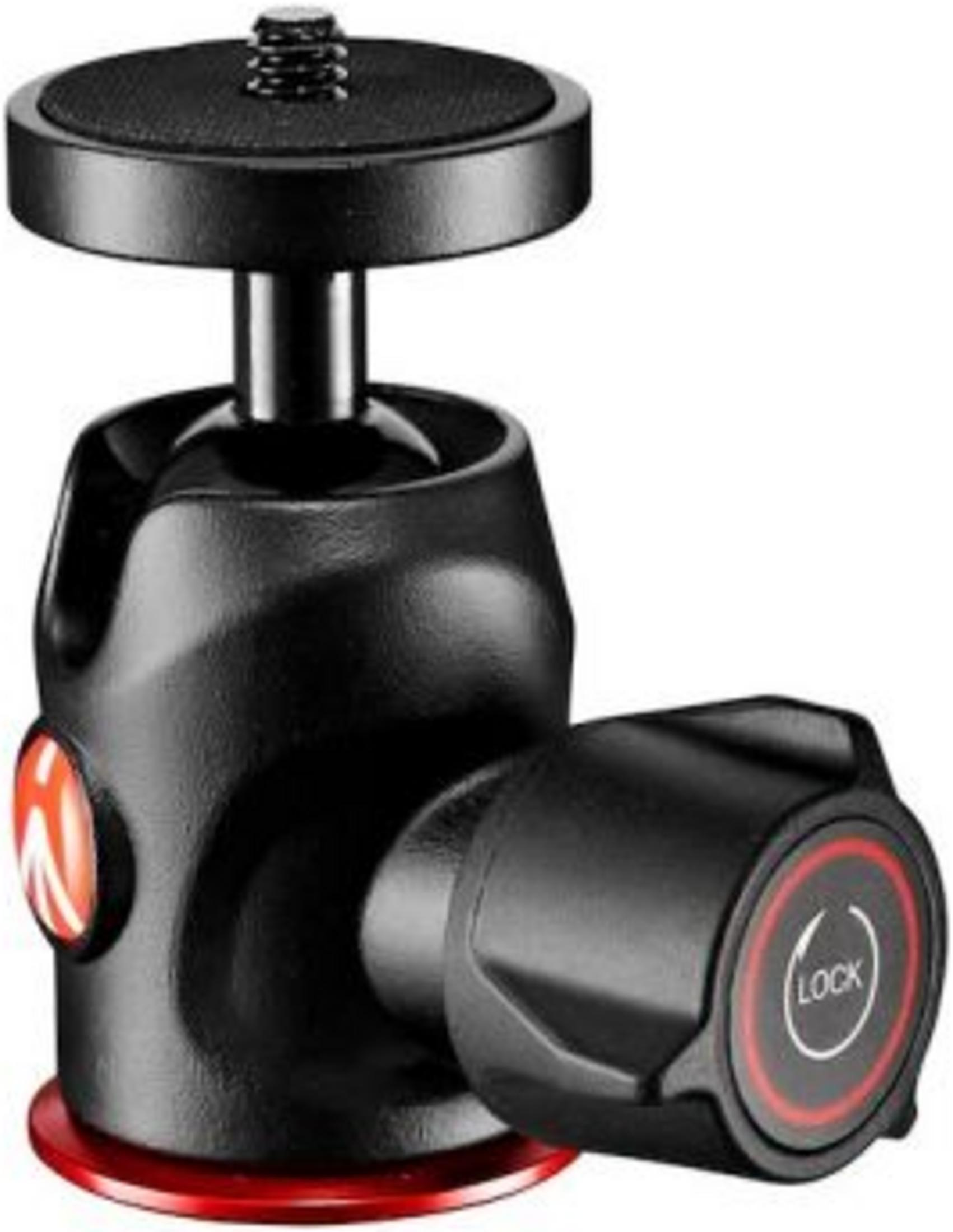 Een zwarte statiefkop met een rode voet en een rood 'Lock'-symbool.