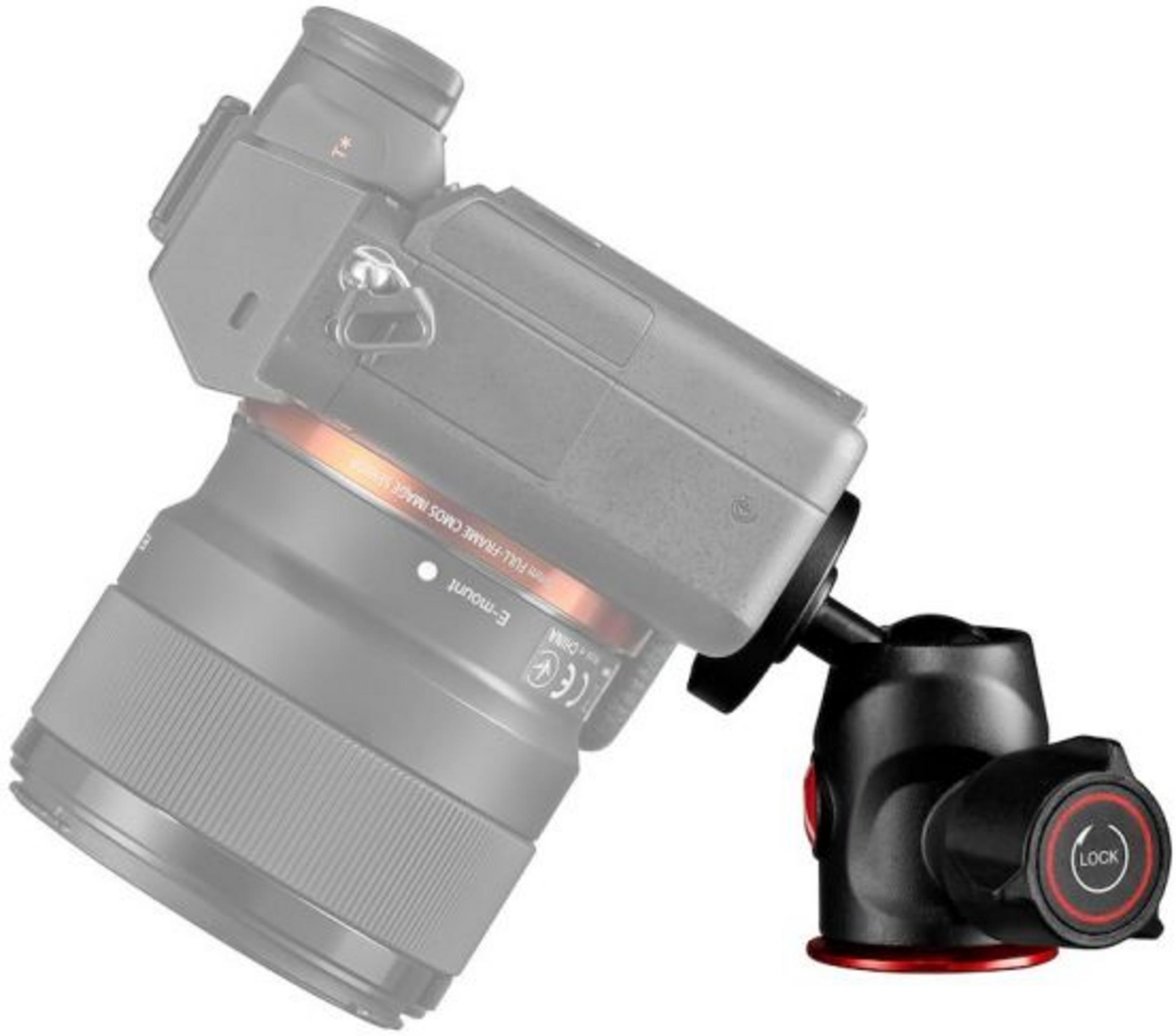 Een digitale camera met lens is gemonteerd op een zwarte statiefkop.