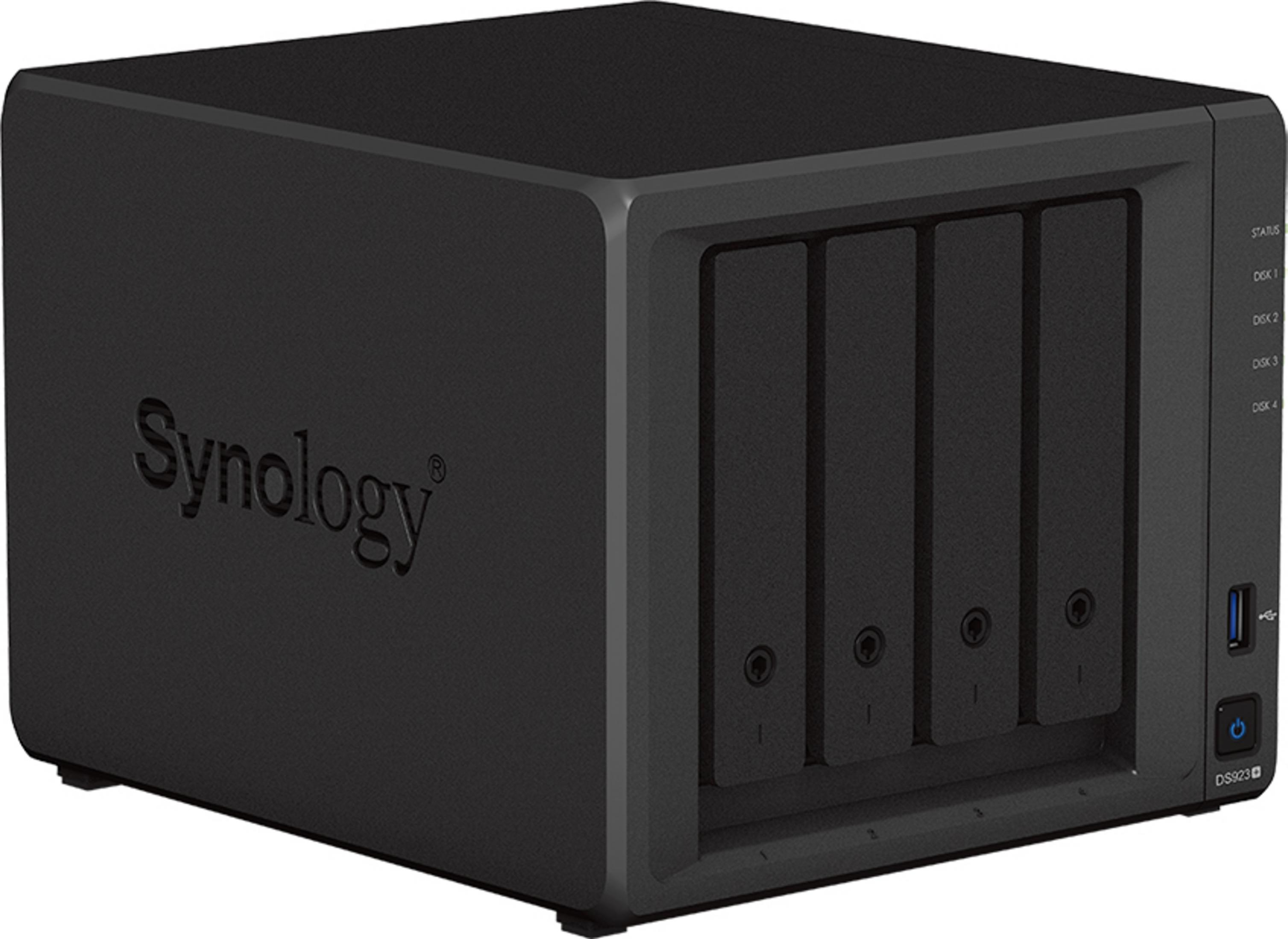 Schwarzes Synology NAS mit vier Laufwerksschächten und USB-Anschluss.