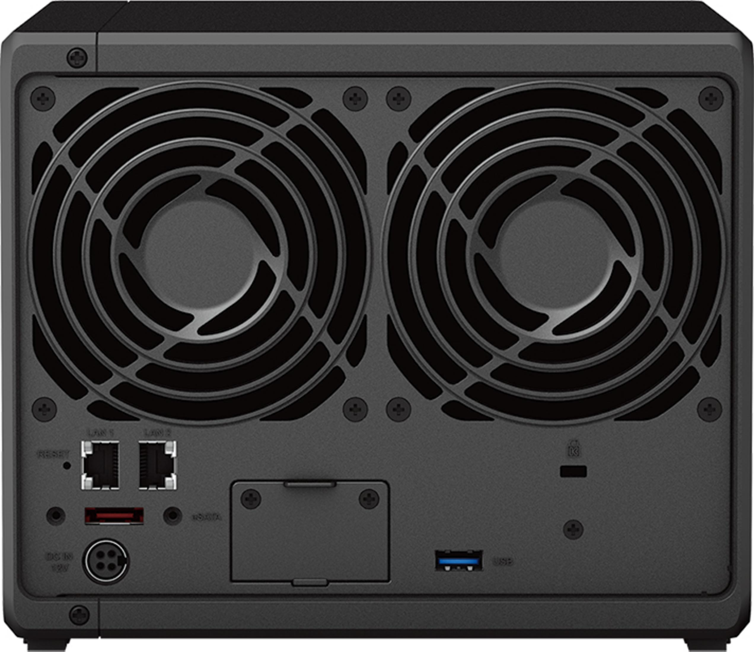 Rückseite eines schwarzen NAS-Geräts mit Lüftern, Anschlüssen und USB.