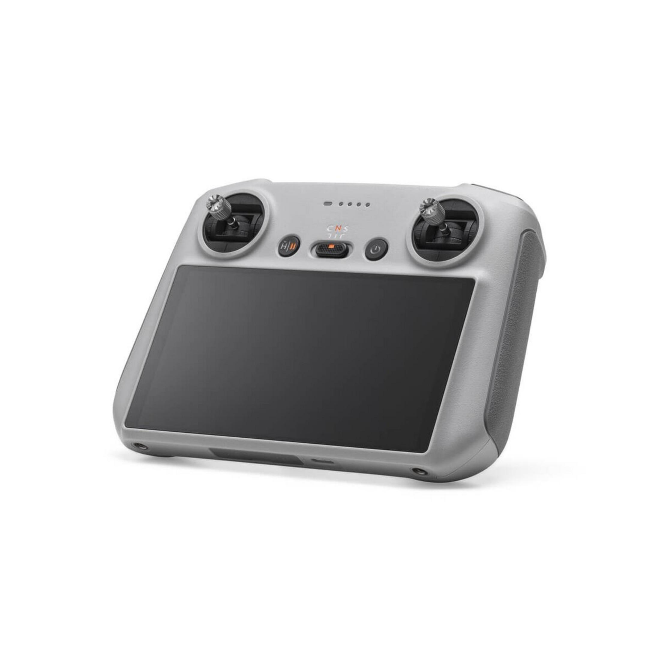 Controlador gris con pantalla y joysticks.