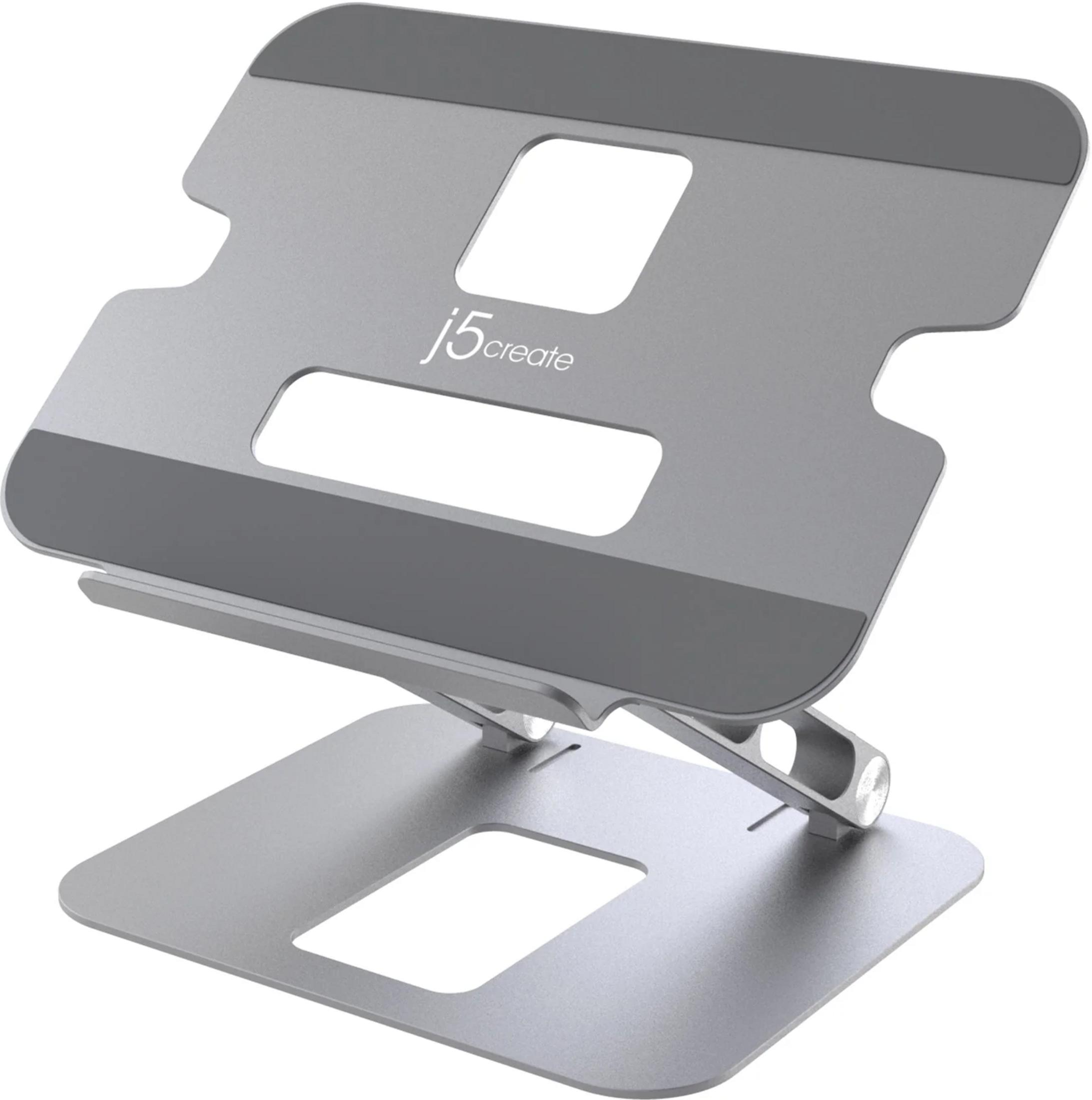 A silver, adjustable laptop stand with ventilation slots.