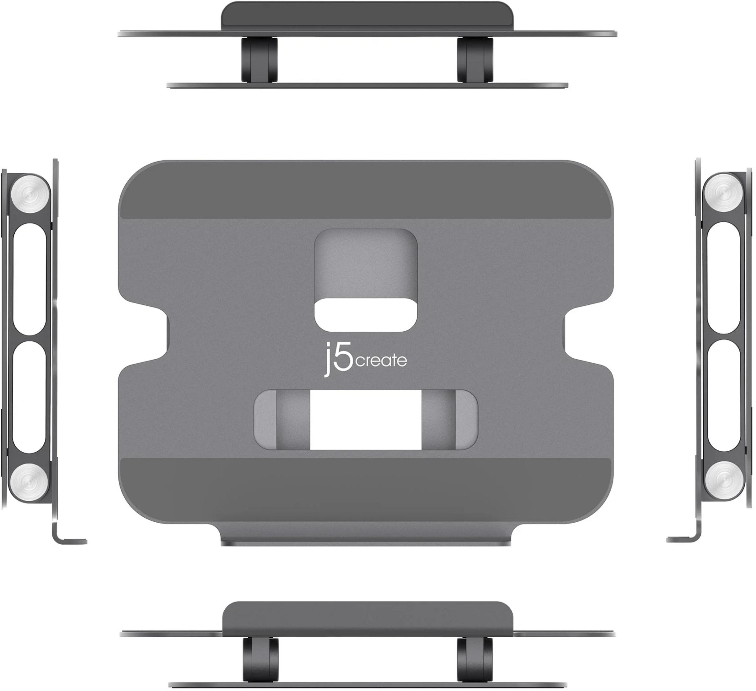 Gray laptop stand with cutouts and logo.