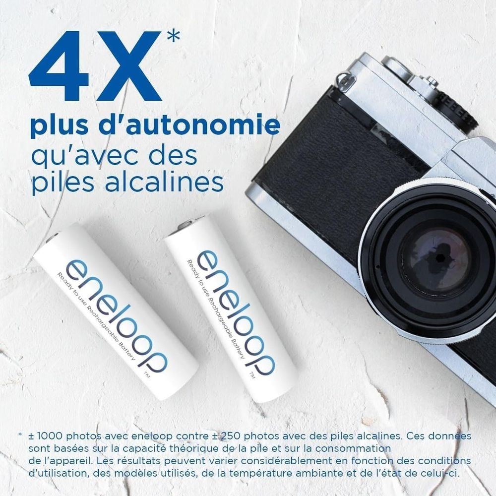 Due batterie Eneloop accanto a una vecchia fotocamera. "4X" è evidenziato.