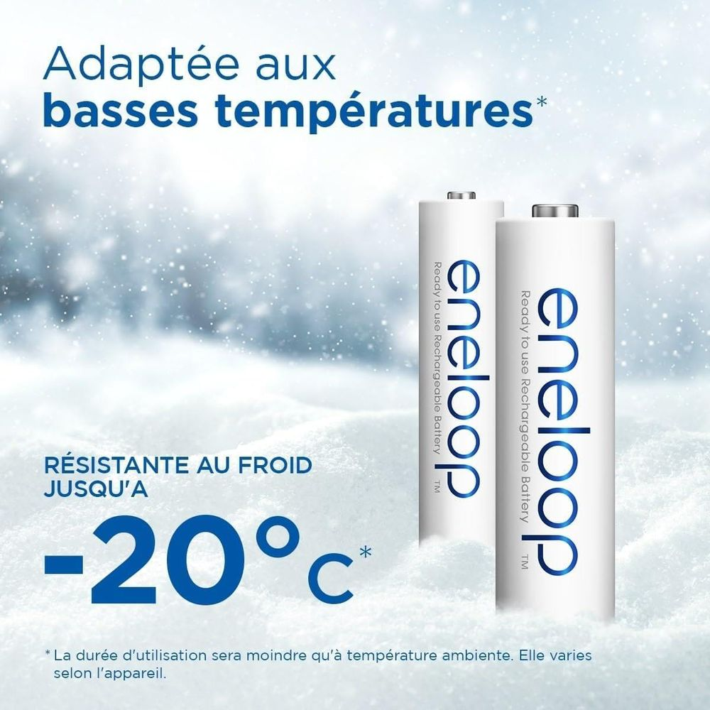 Due batterie Eneloop nella neve, progettate per basse temperature.